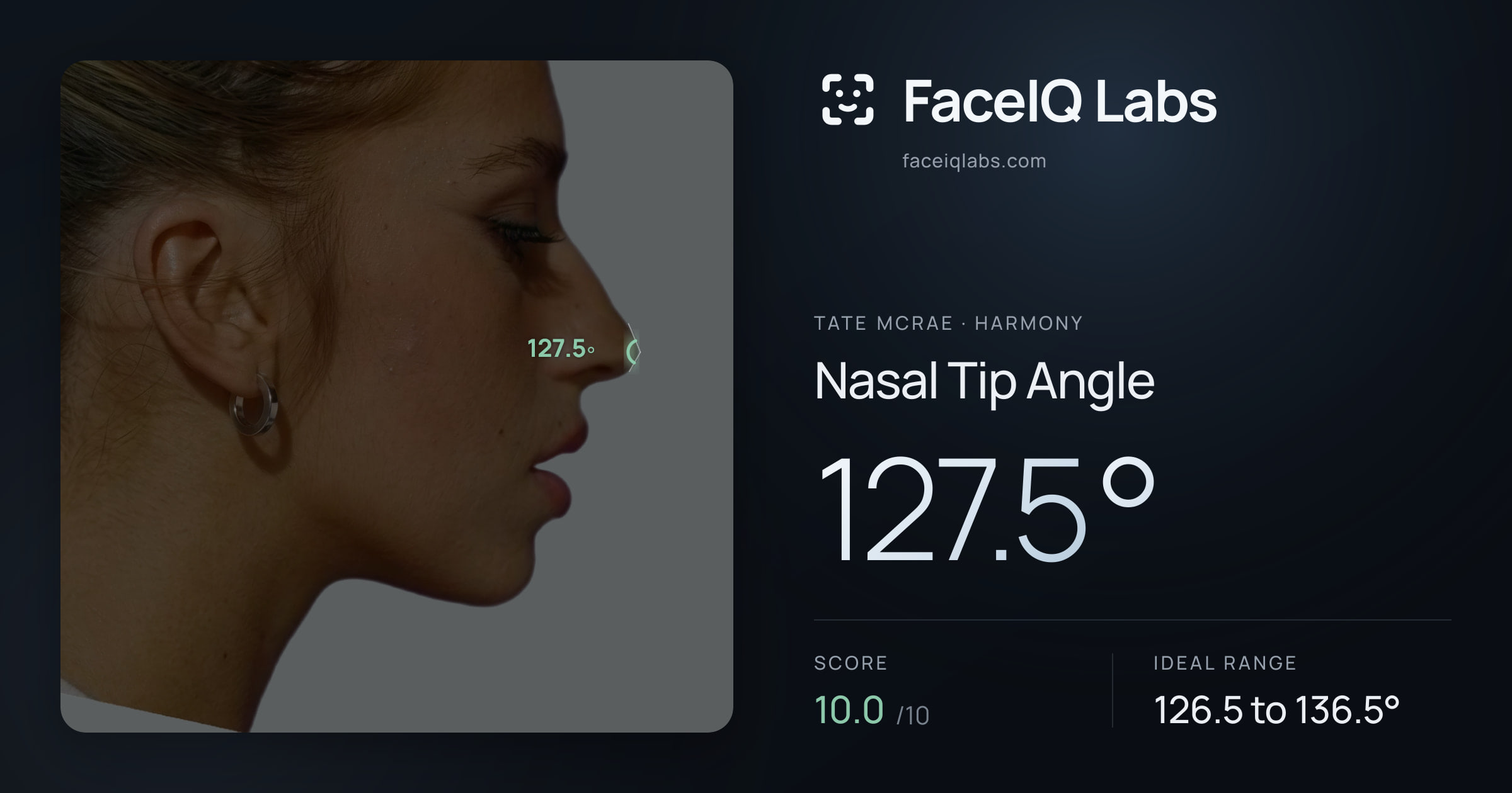 Tate Mcrae Nasal Tip Angle: 127.5°, drawn on the photo