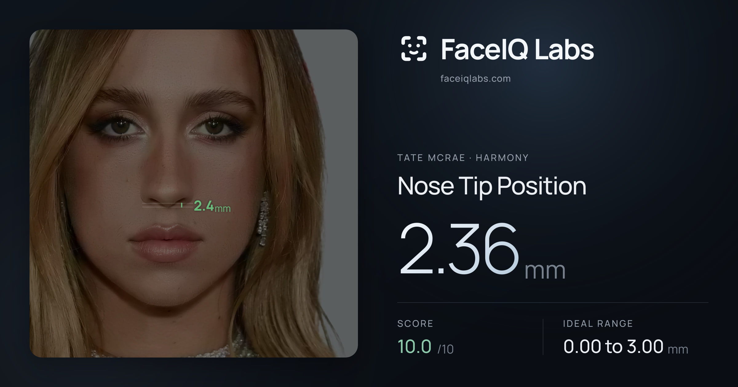 Tate Mcrae Nose Tip Position: 2.36mm, drawn on the photo