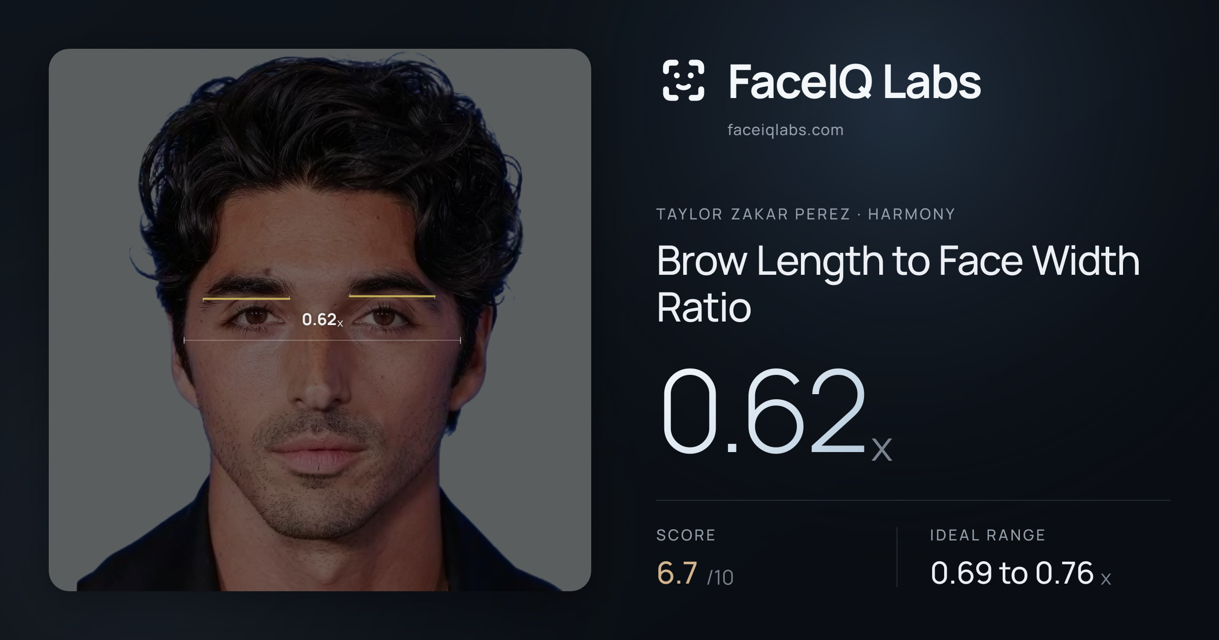 Taylor Zakar Perez Brow Length to Face Width Ratio: 0.62x, drawn on the photo