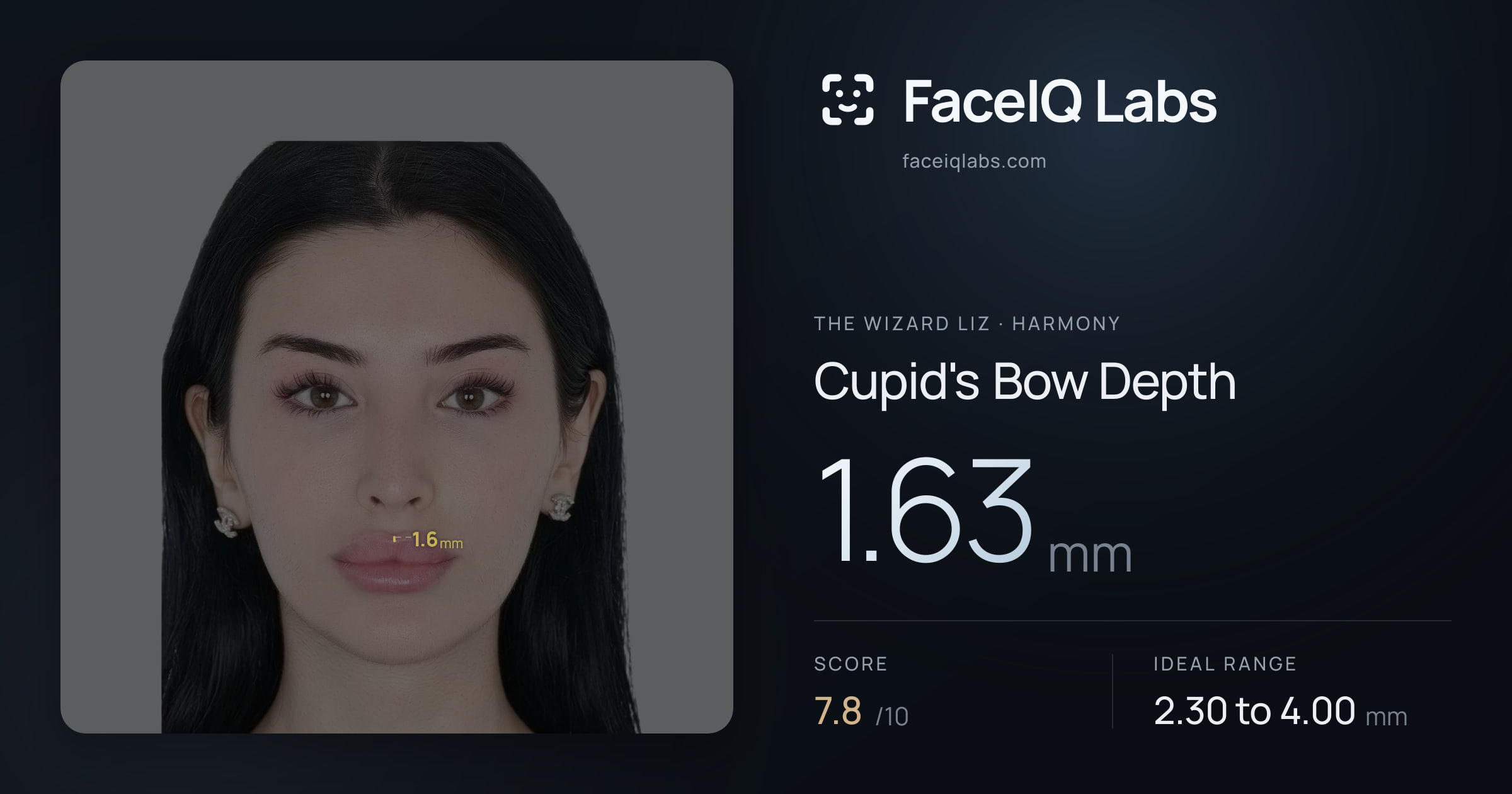 The Wizard Liz Cupid's Bow Depth: 1.63mm, drawn on the photo