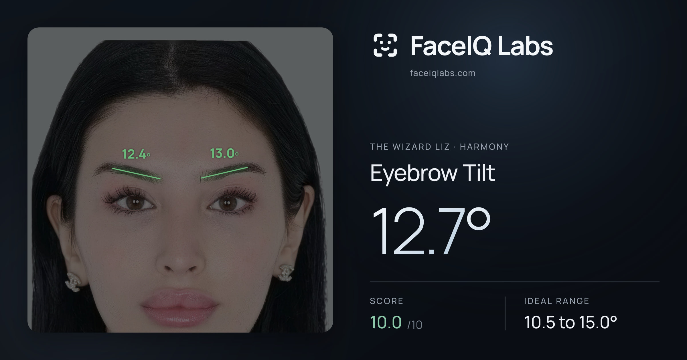 The Wizard Liz Eyebrow Tilt: 12.7°, drawn on the photo