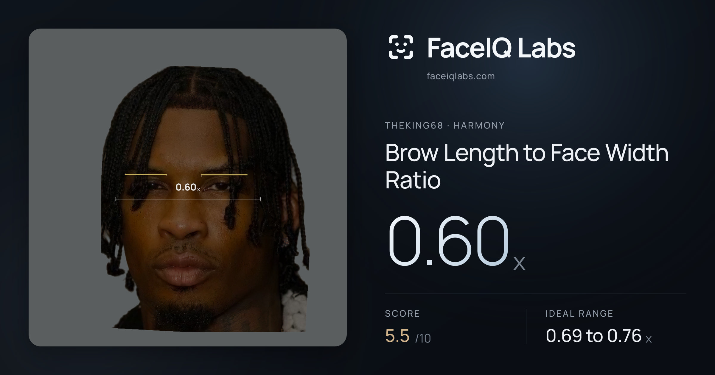 Theking68 Brow Length to Face Width Ratio: 0.60x, drawn on the photo