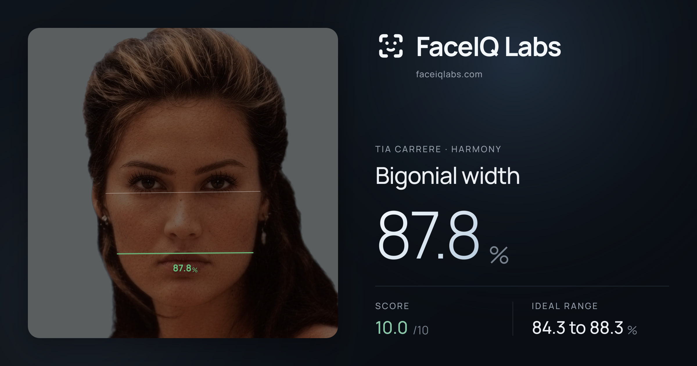 Tia Carrere Bigonial width: 87.8%, drawn on the photo