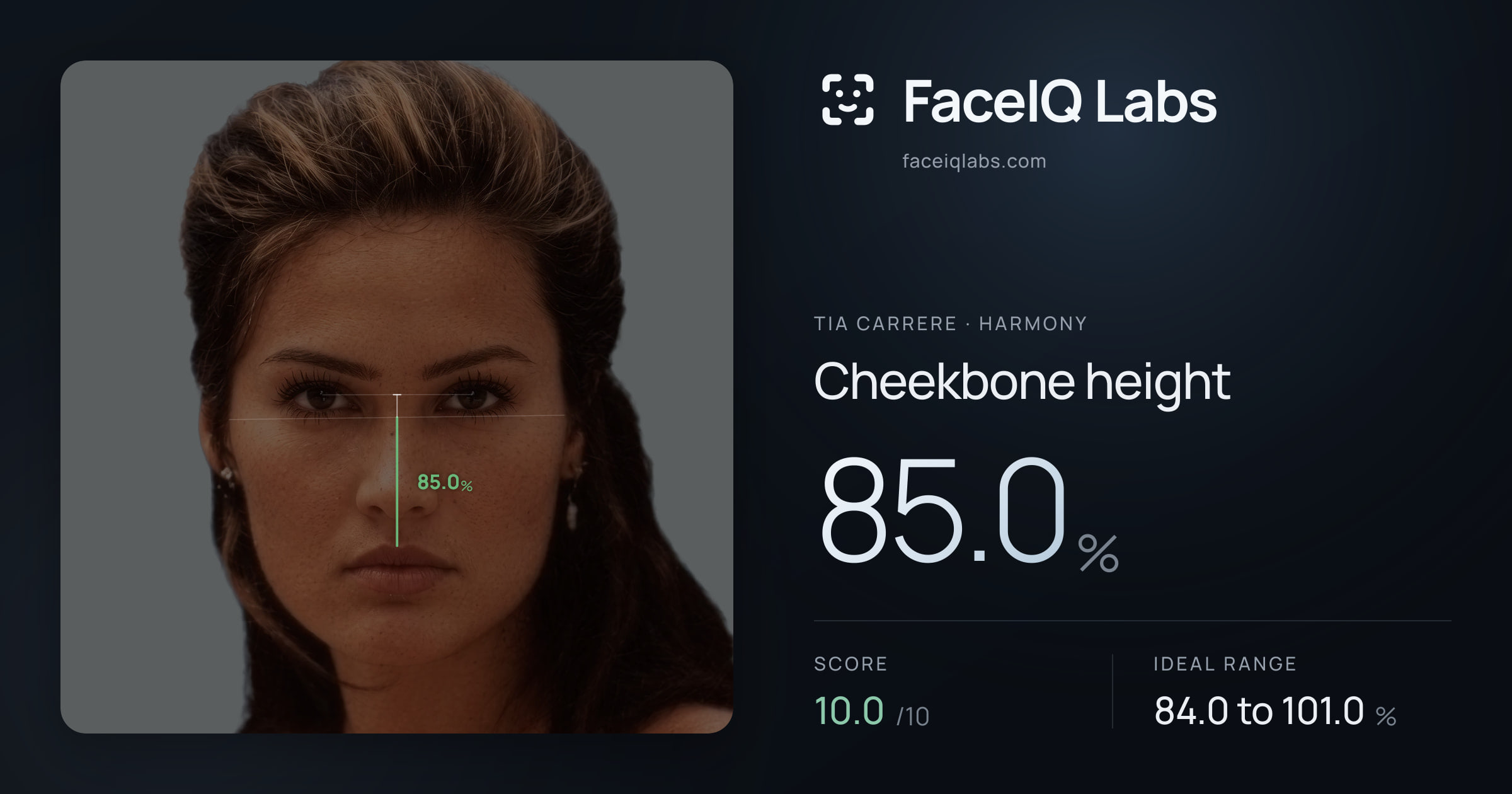 Tia Carrere Cheekbone height: 85.0%, drawn on the photo