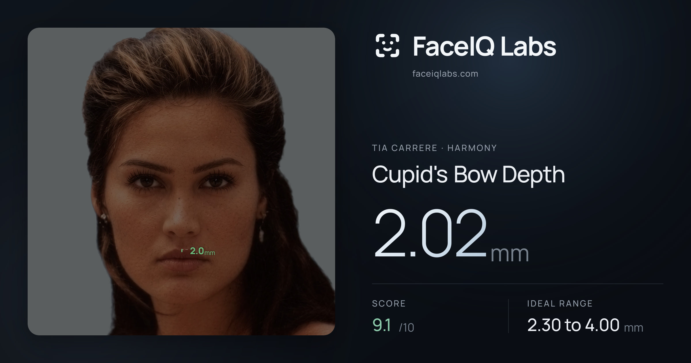 Tia Carrere Cupid's Bow Depth: 2.02mm, drawn on the photo