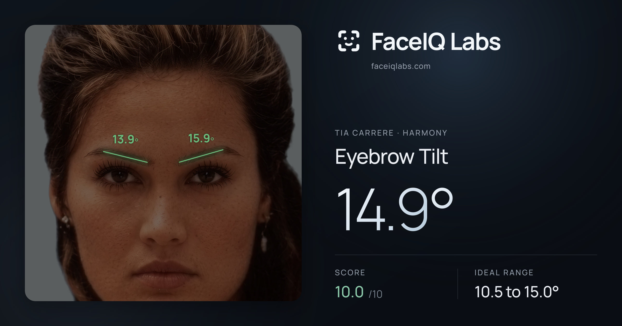 Tia Carrere Eyebrow Tilt: 14.9°, drawn on the photo