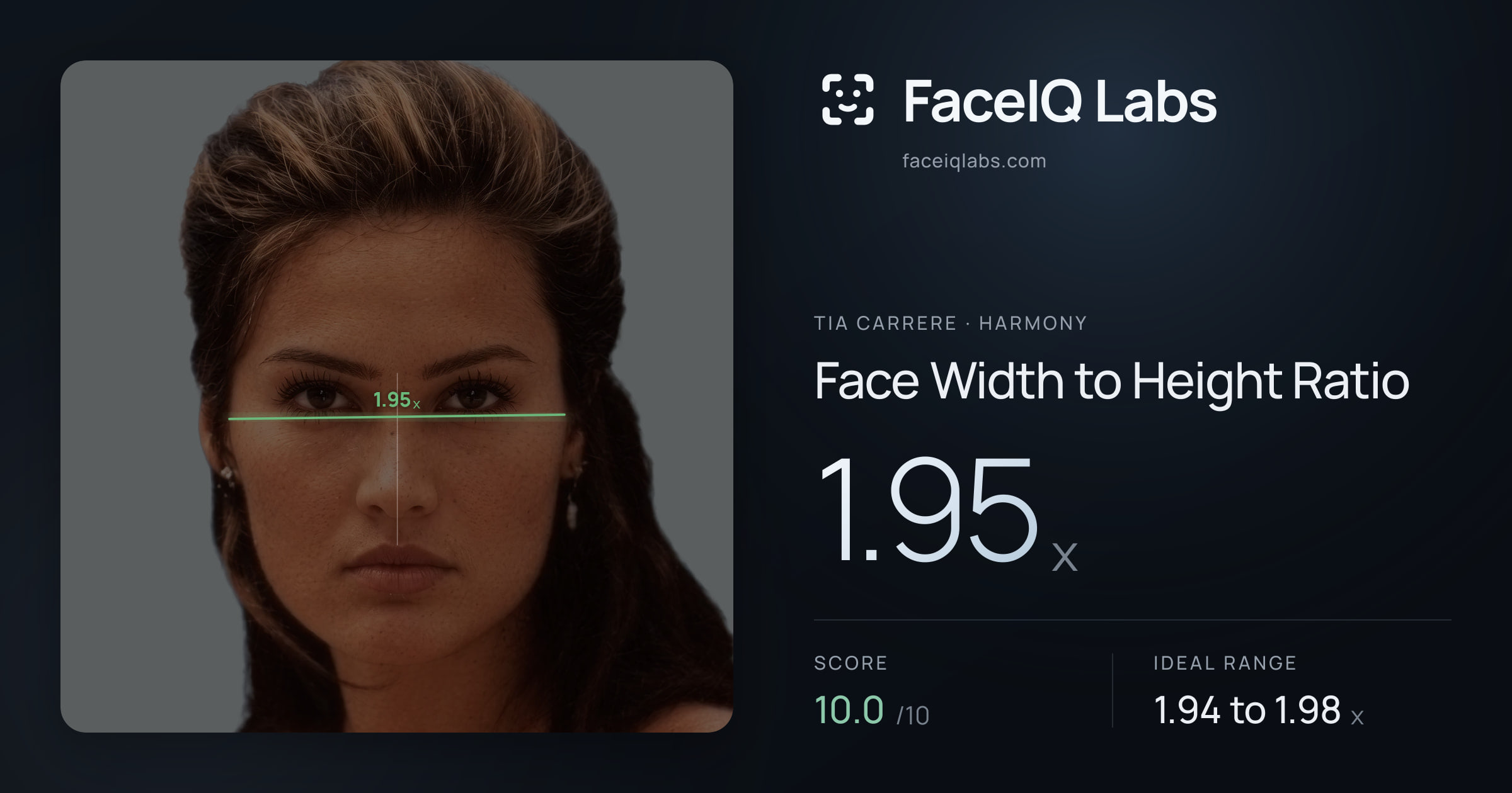 Tia Carrere Face Width to Height Ratio: 1.95x, drawn on the photo