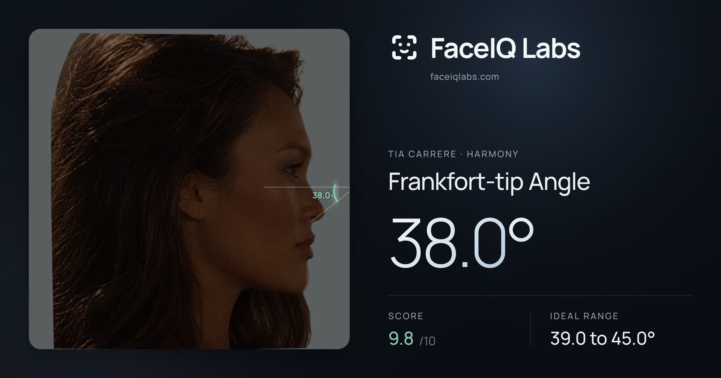 Tia Carrere Frankfort-tip Angle: 38.0°, drawn on the photo