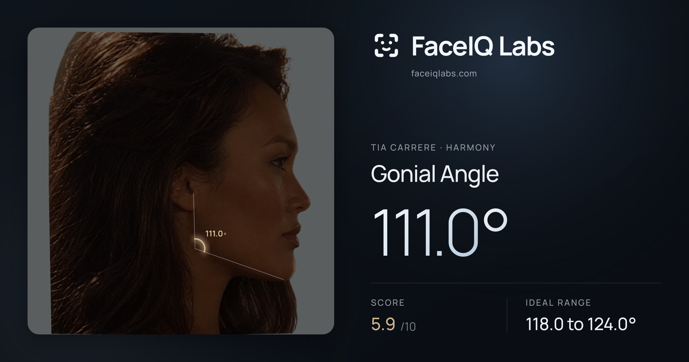 Tia Carrere Gonial Angle: 111.0°, drawn on the photo