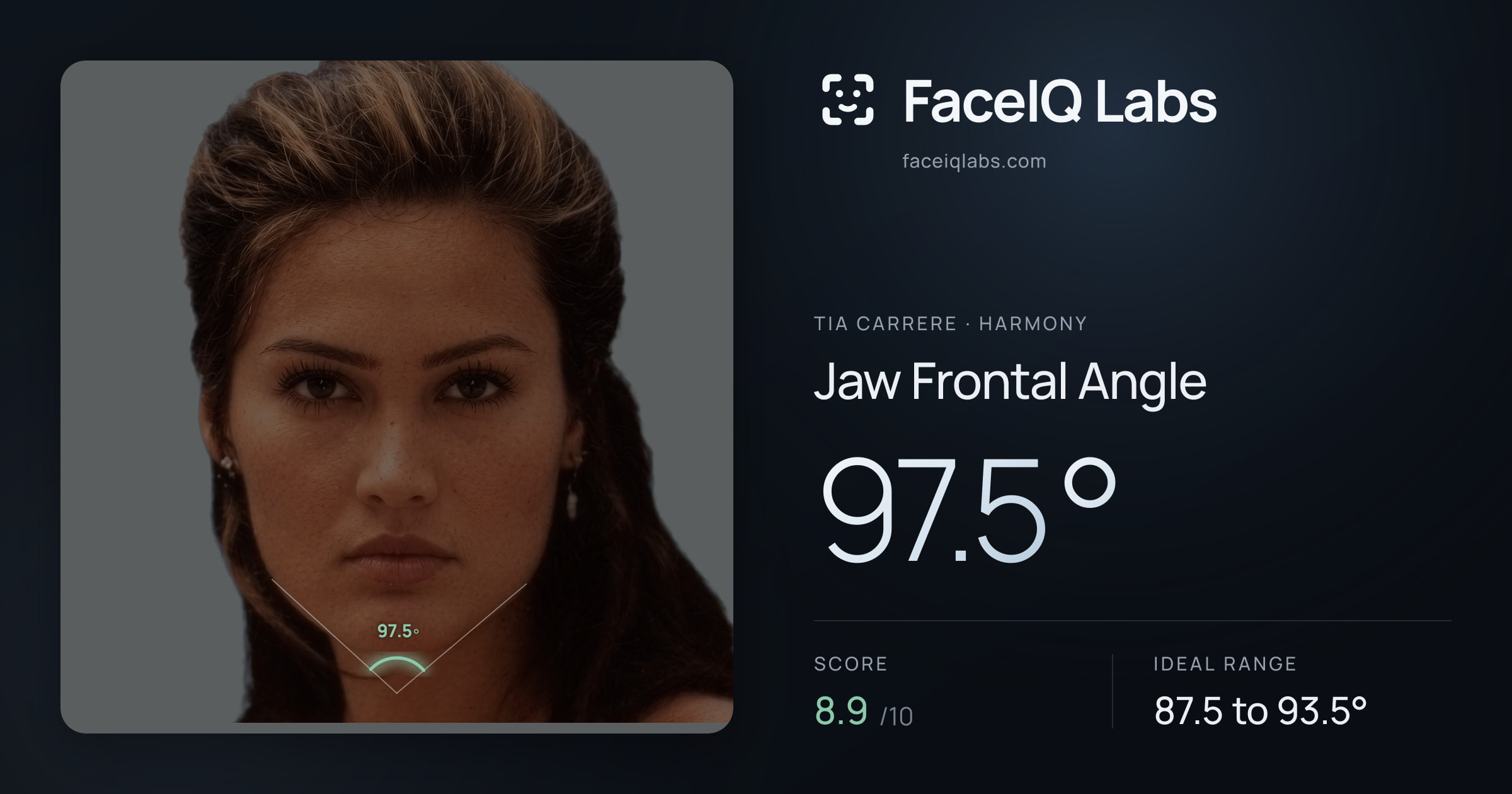 Tia Carrere Jaw Frontal Angle: 97.5°, drawn on the photo