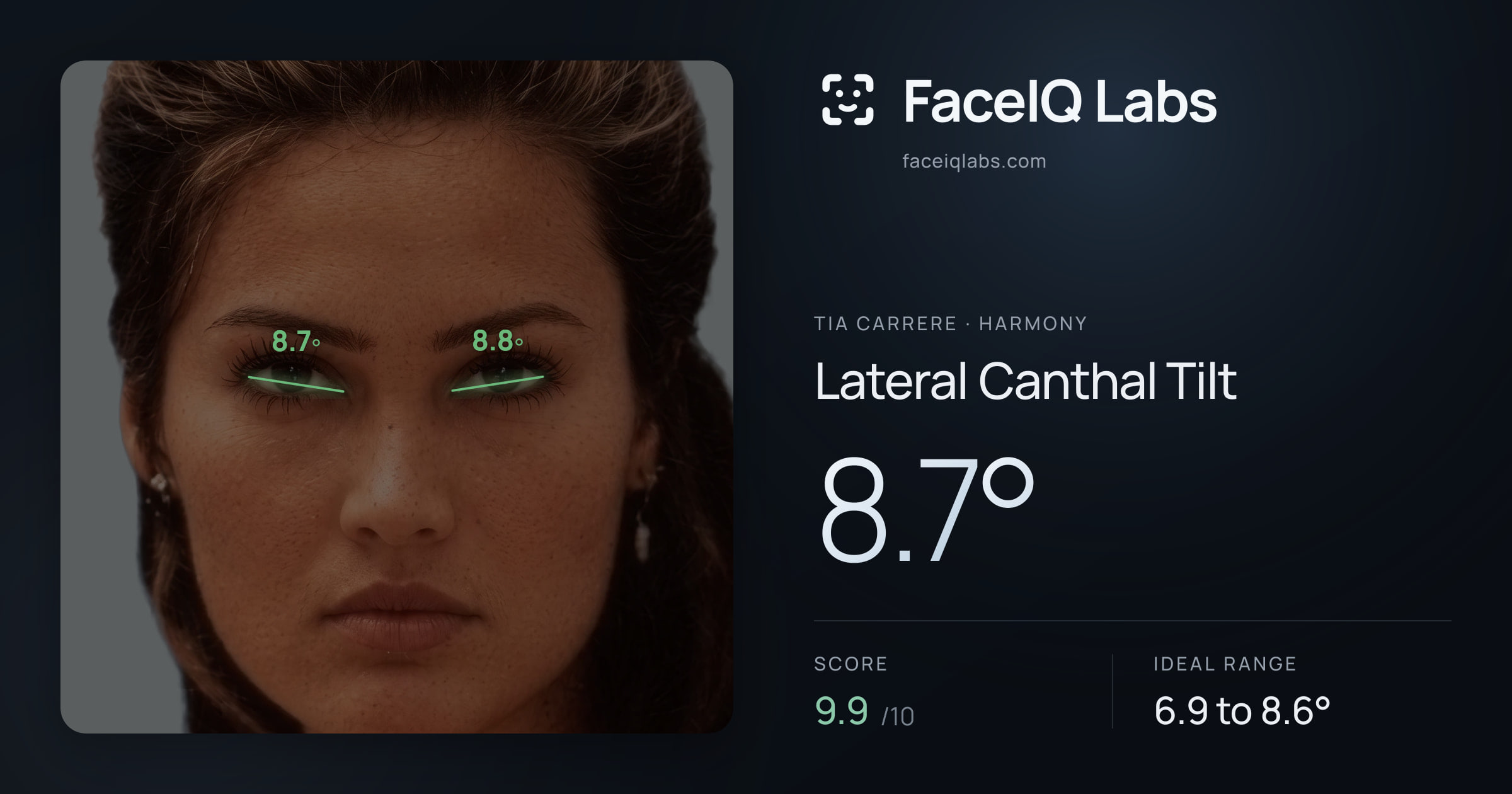 Tia Carrere Lateral Canthal Tilt: 8.7°, drawn on the photo