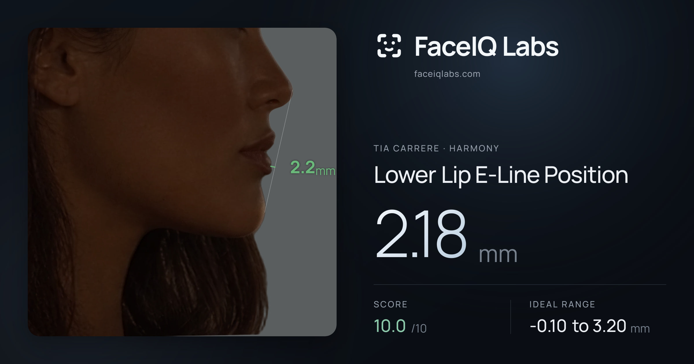 Tia Carrere Lower Lip E-Line Position: 2.18mm, drawn on the photo