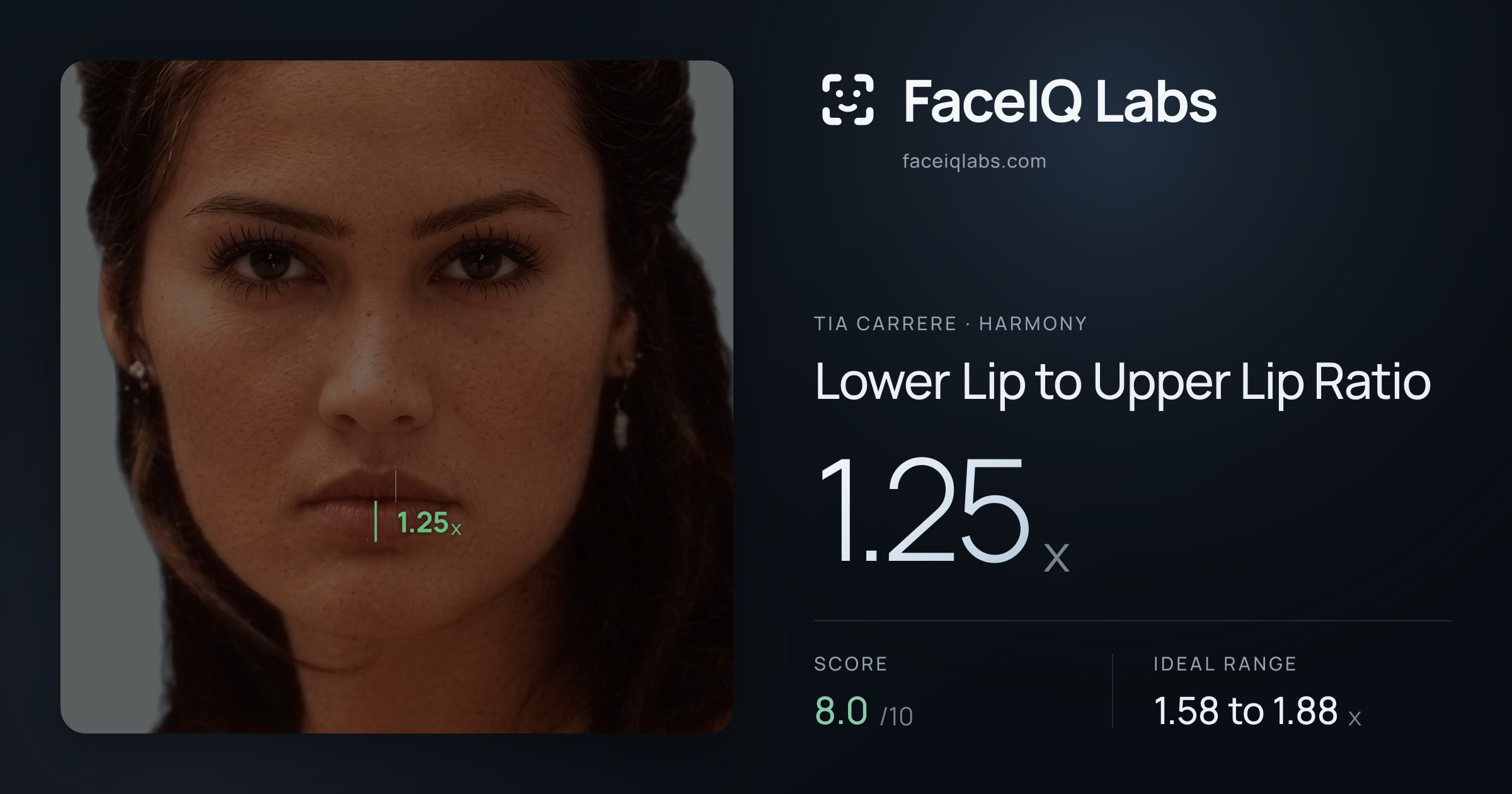 Tia Carrere Lower Lip to Upper Lip Ratio: 1.25x, drawn on the photo