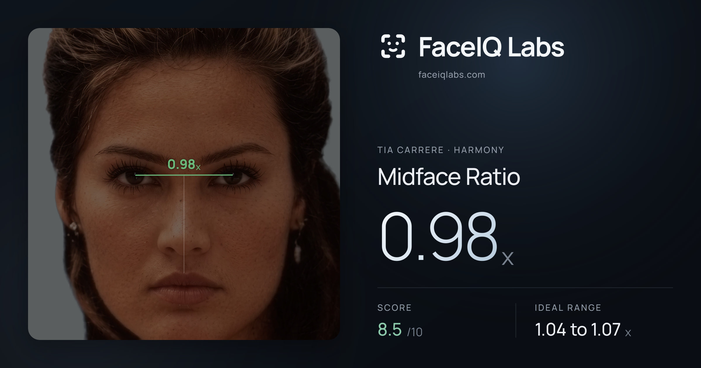 Tia Carrere Midface Ratio: 0.98x, drawn on the photo