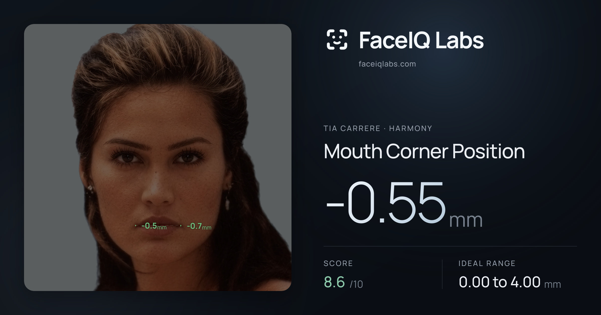 Tia Carrere Mouth Corner Position: -0.55mm, drawn on the photo