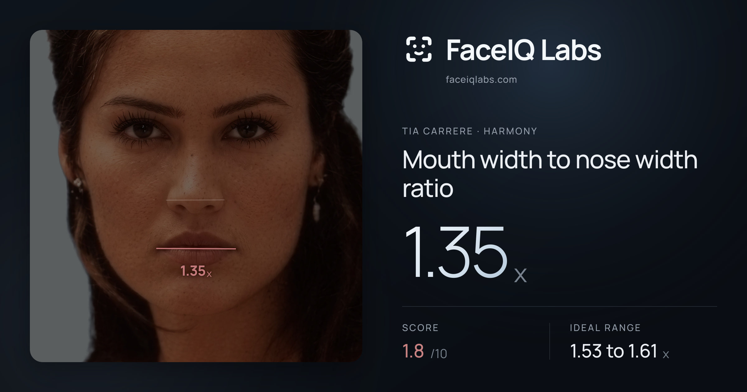 Tia Carrere Mouth width to nose width ratio: 1.35x, drawn on the photo