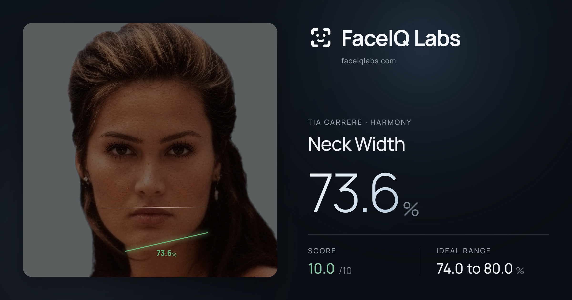Tia Carrere Neck Width: 73.6%, drawn on the photo