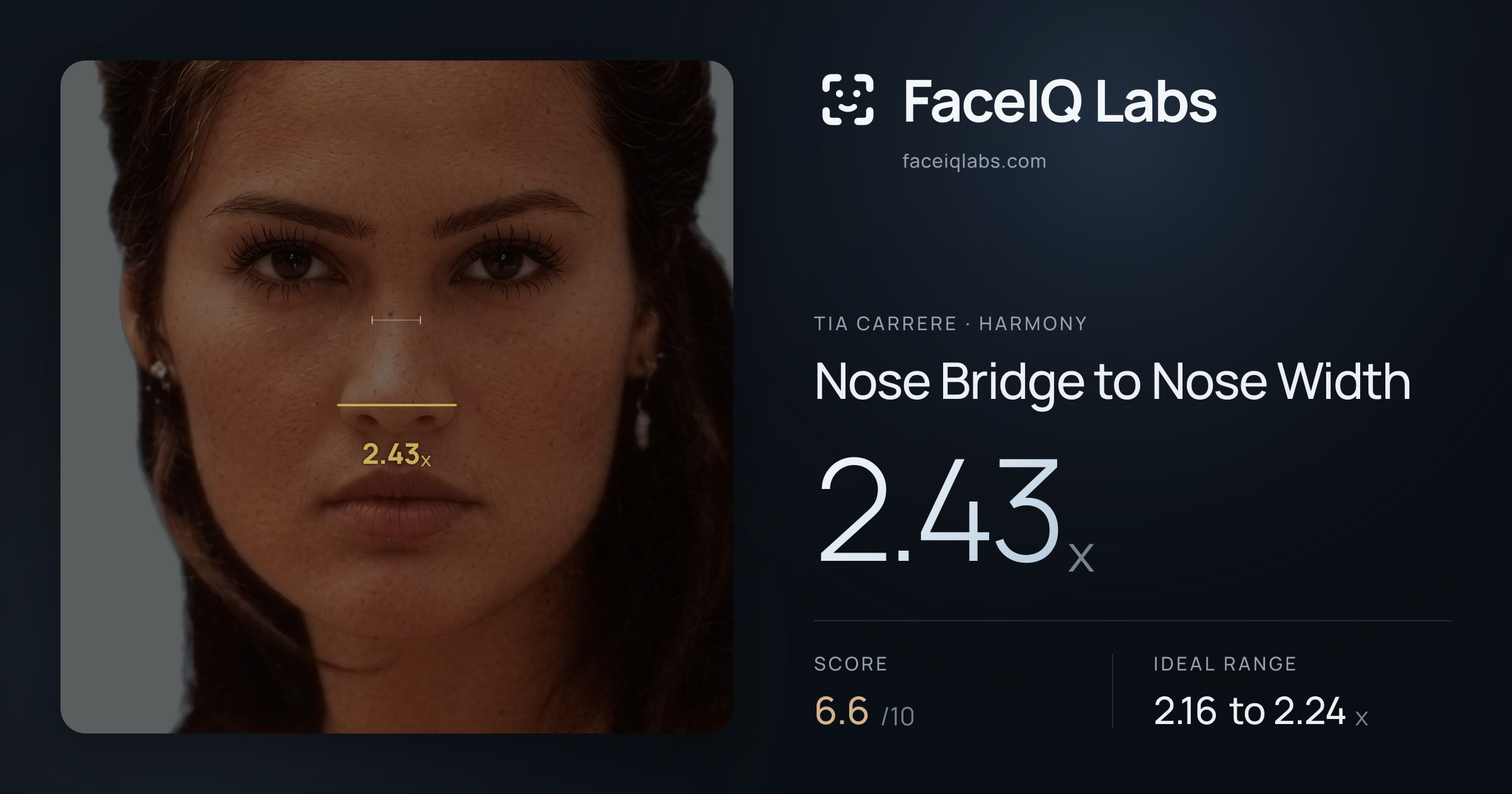 Tia Carrere Nose Bridge to Nose Width: 2.43x, drawn on the photo