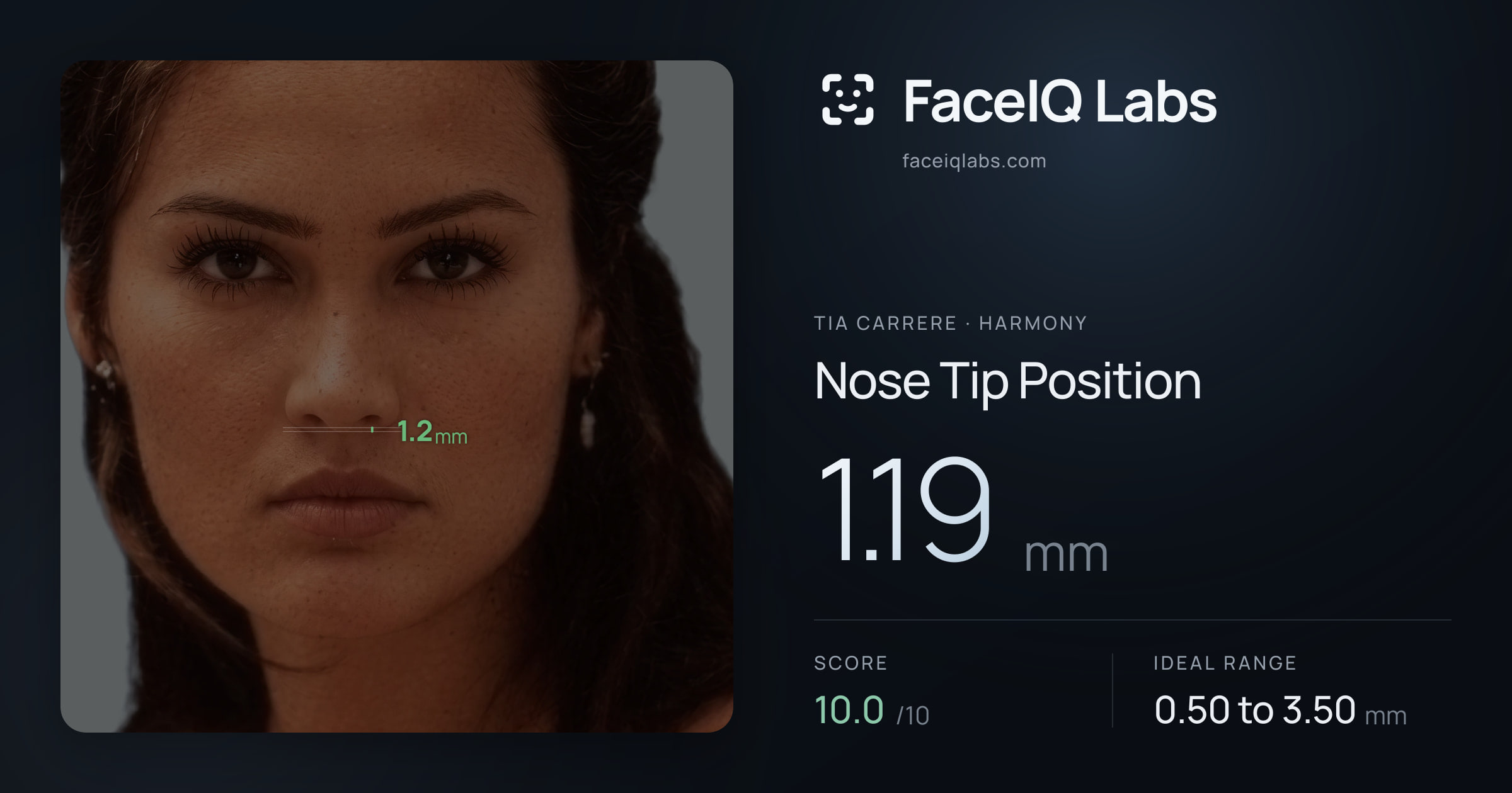 Tia Carrere Nose Tip Position: 1.19mm, drawn on the photo