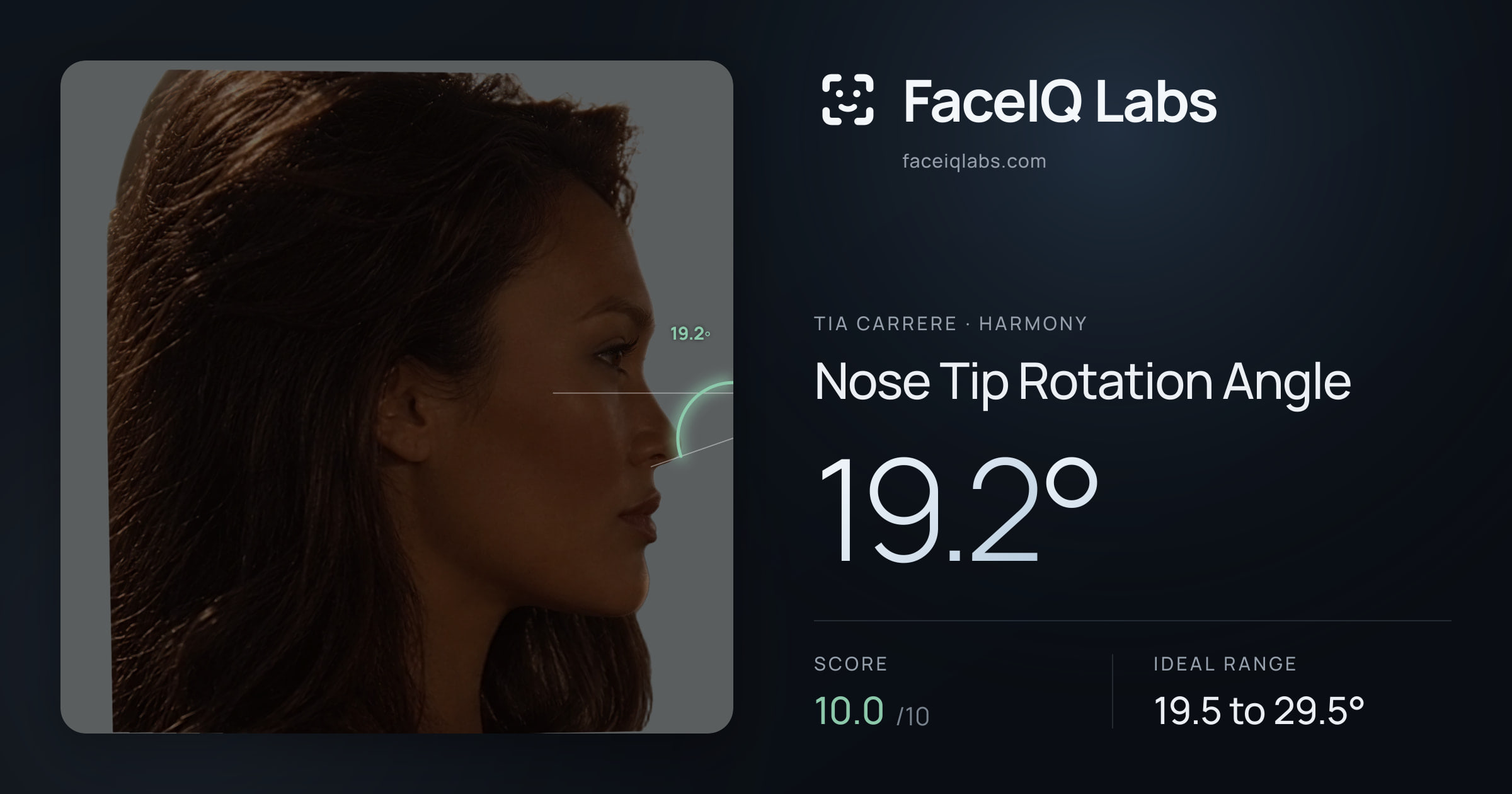 Tia Carrere Nose Tip Rotation Angle: 19.2°, drawn on the photo
