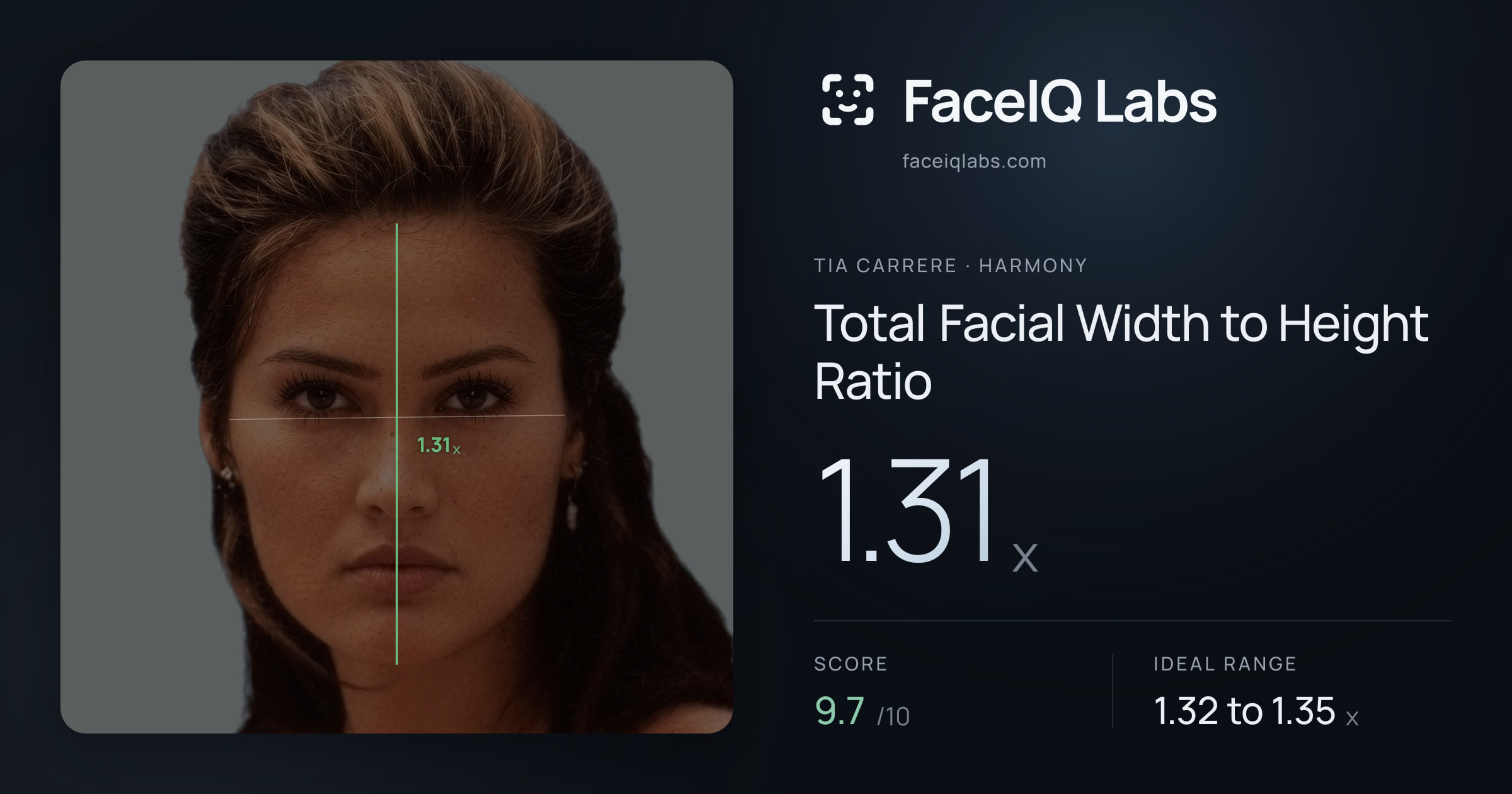 Tia Carrere Total Facial Width to Height Ratio: 1.31x, drawn on the photo