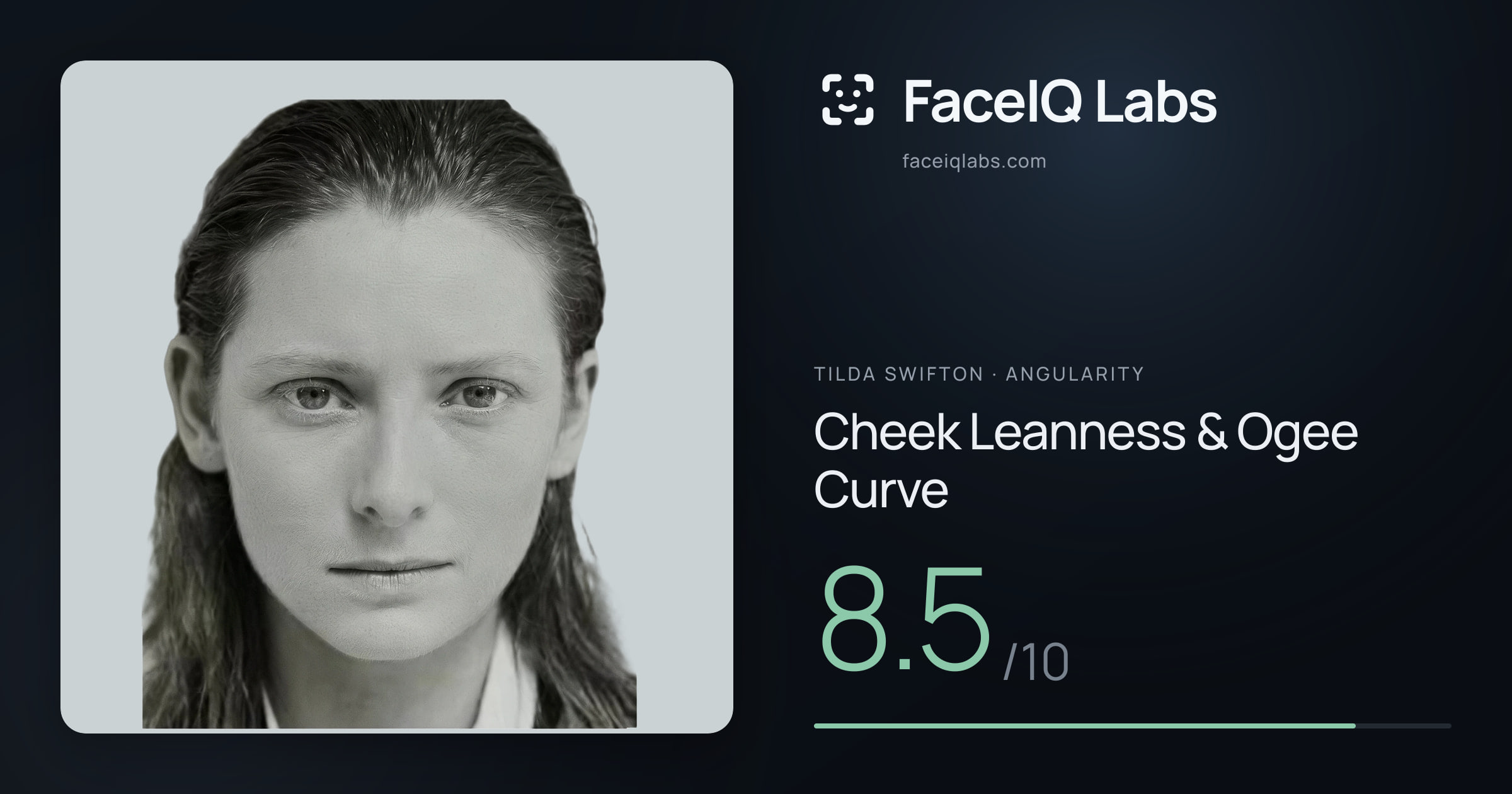Tilda Swifton Cheek Leanness & Ogee Curve: 8.5/10, drawn on the photo