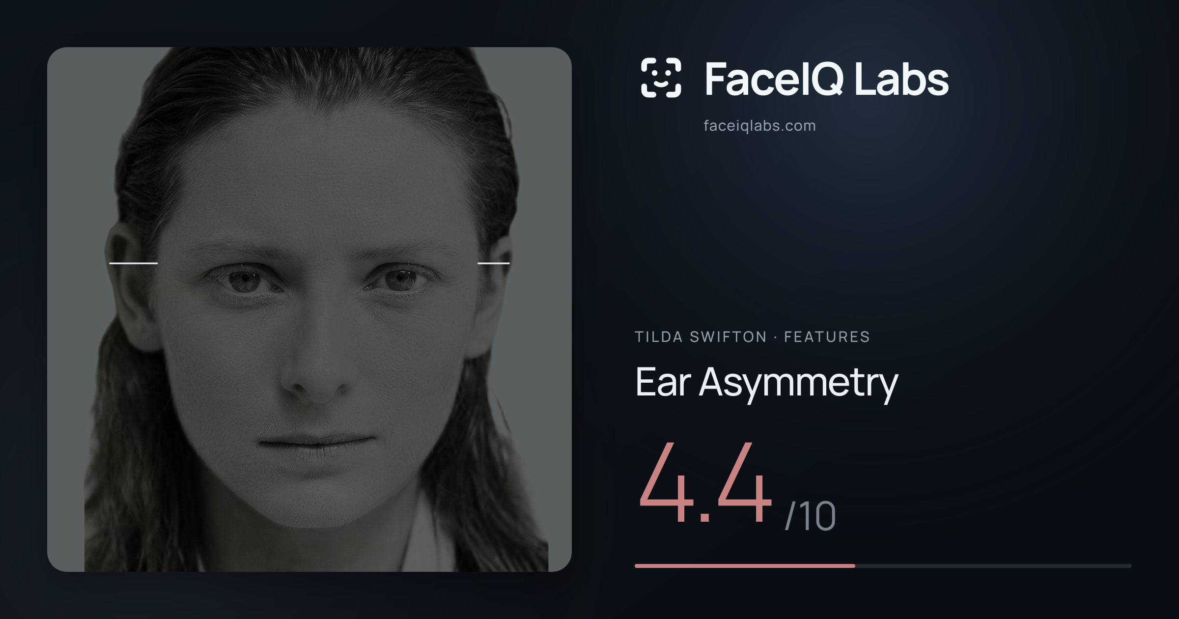 Tilda Swifton Ear Asymmetry: 4.4/10, drawn on the photo