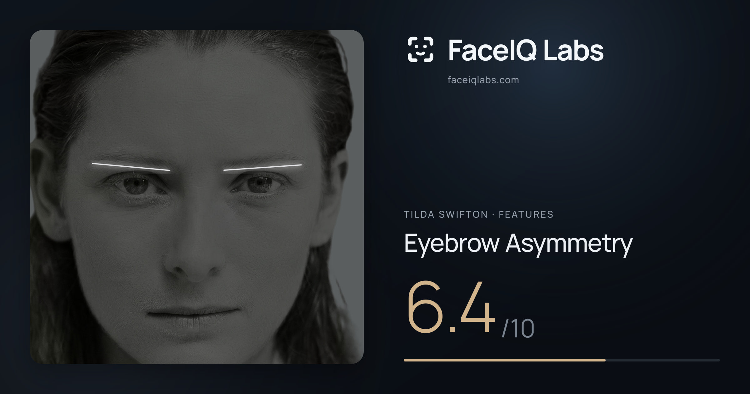 Tilda Swifton Eyebrow Asymmetry: 6.4/10, drawn on the photo