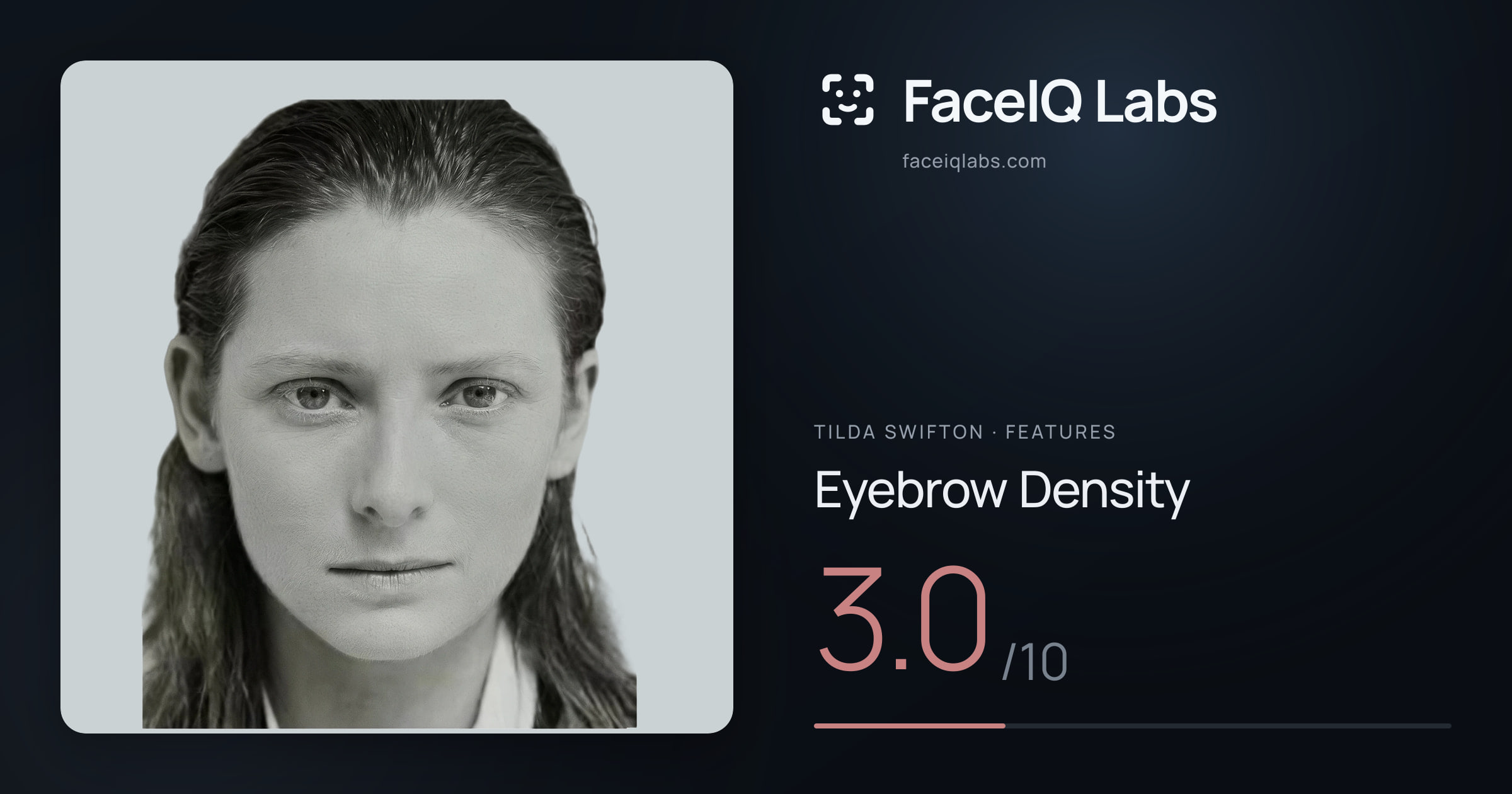 Tilda Swifton Eyebrow Density: 3.0/10, drawn on the photo
