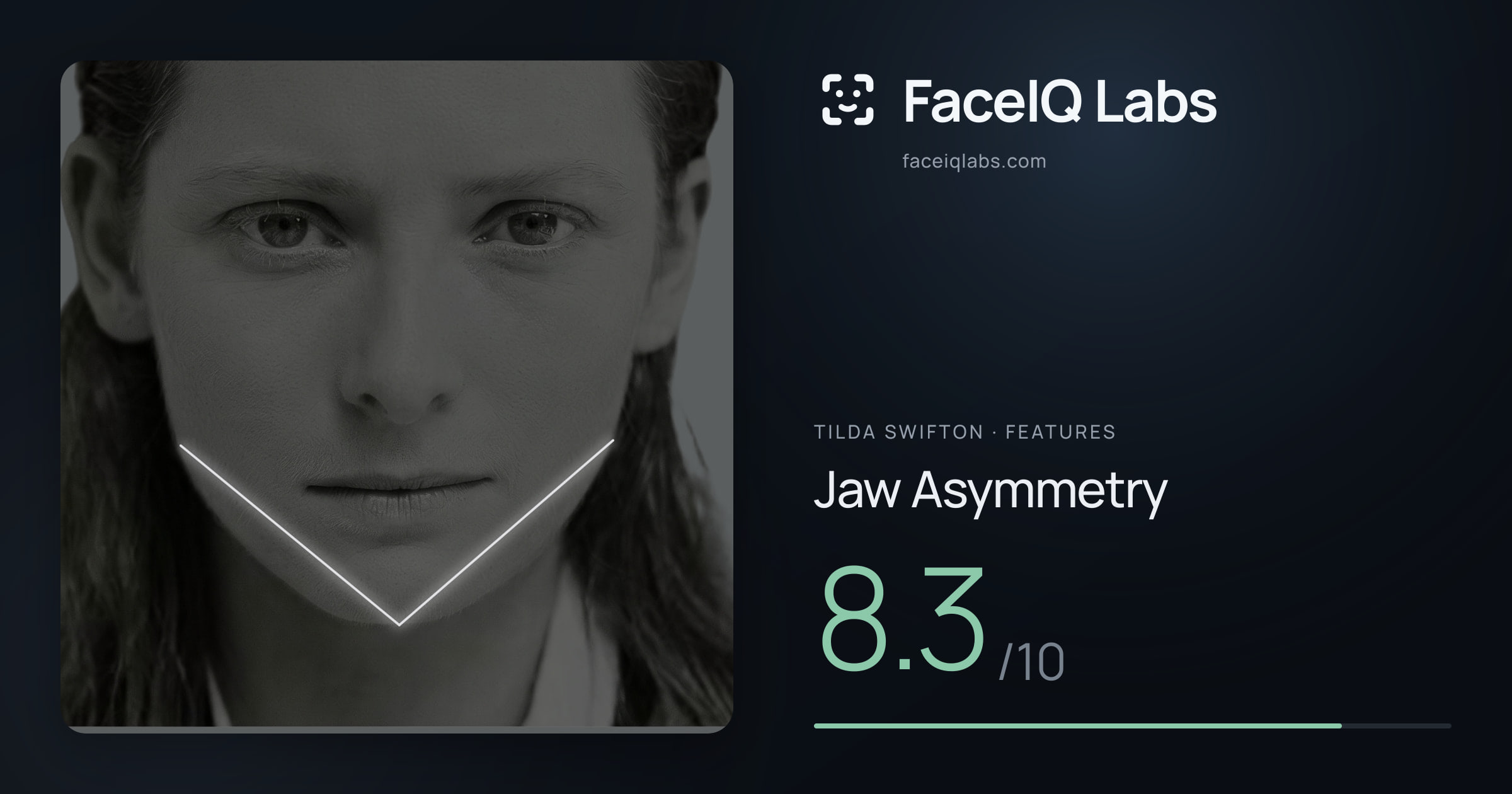 Tilda Swifton Jaw Asymmetry: 8.3/10, drawn on the photo