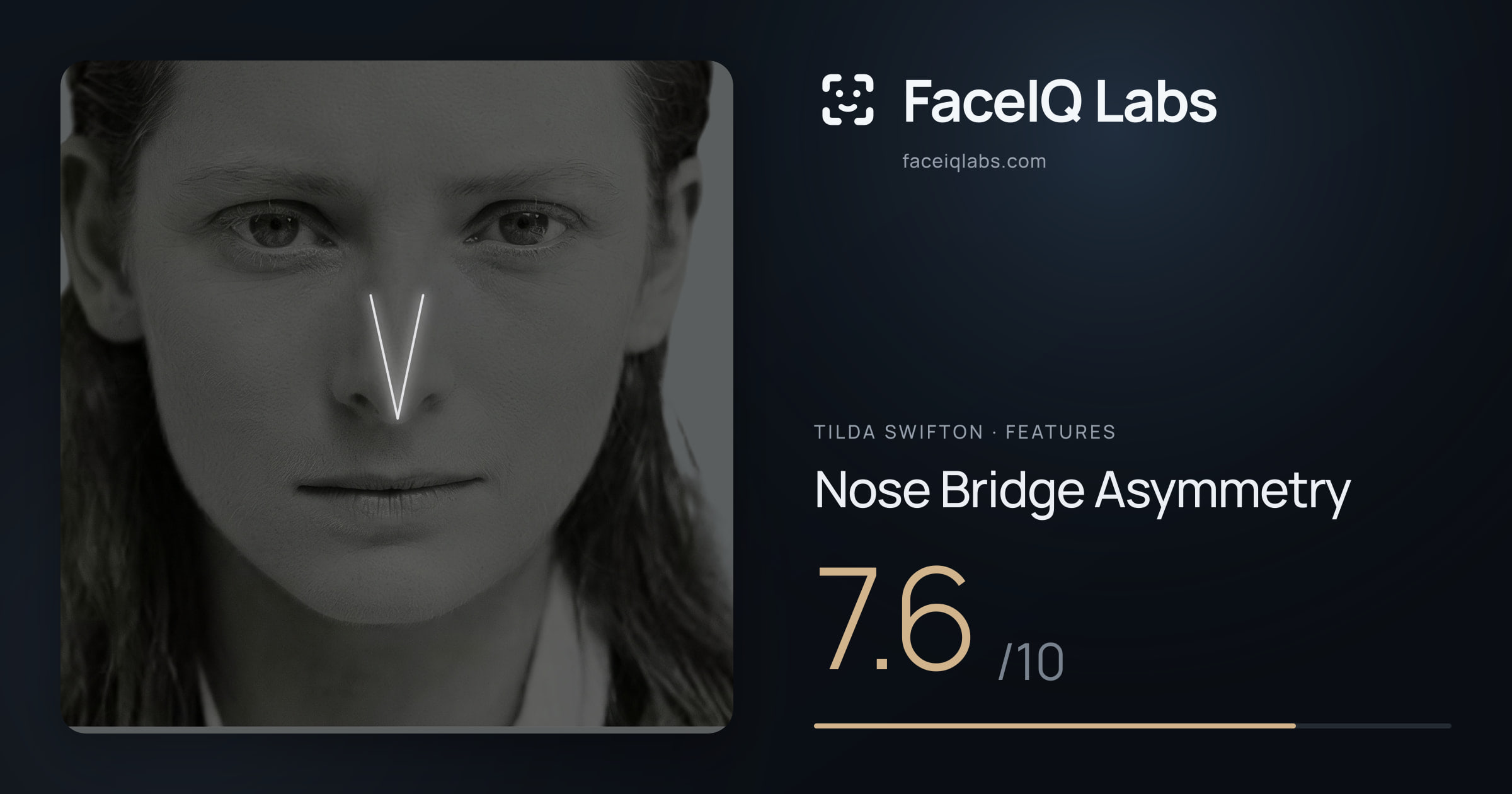 Tilda Swifton Nose Bridge Asymmetry: 7.6/10, drawn on the photo
