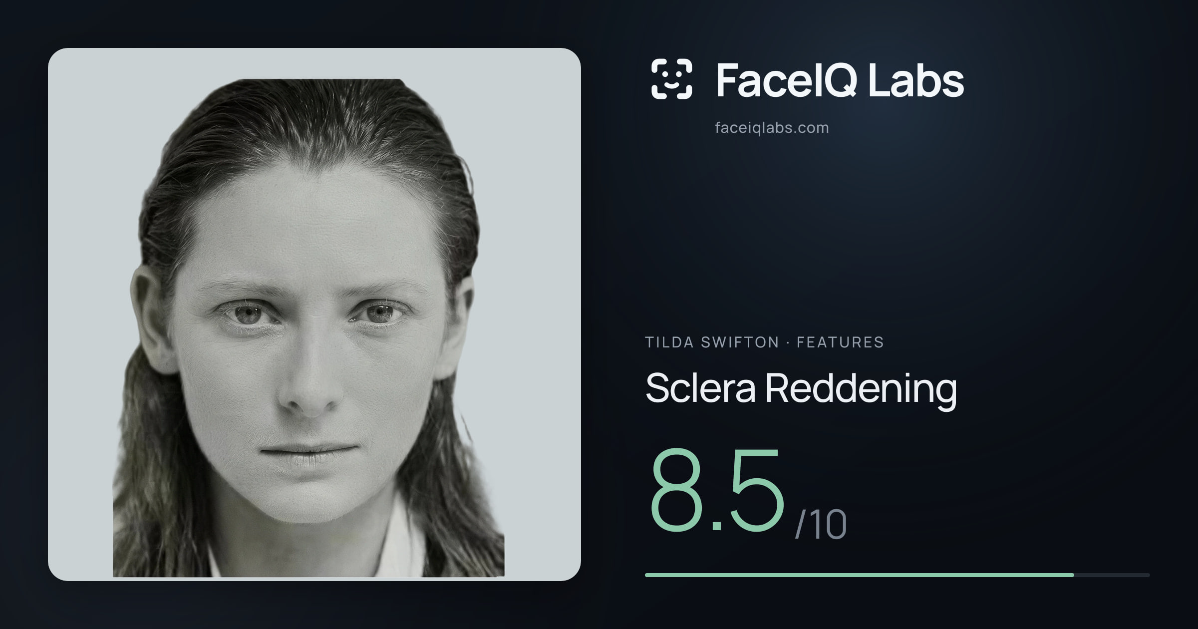 Tilda Swifton Sclera Reddening: 8.5/10, drawn on the photo