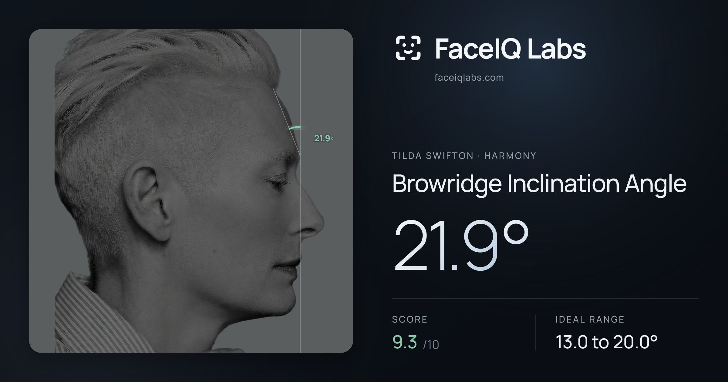 Tilda Swifton Browridge Inclination Angle: 21.9°, drawn on the photo