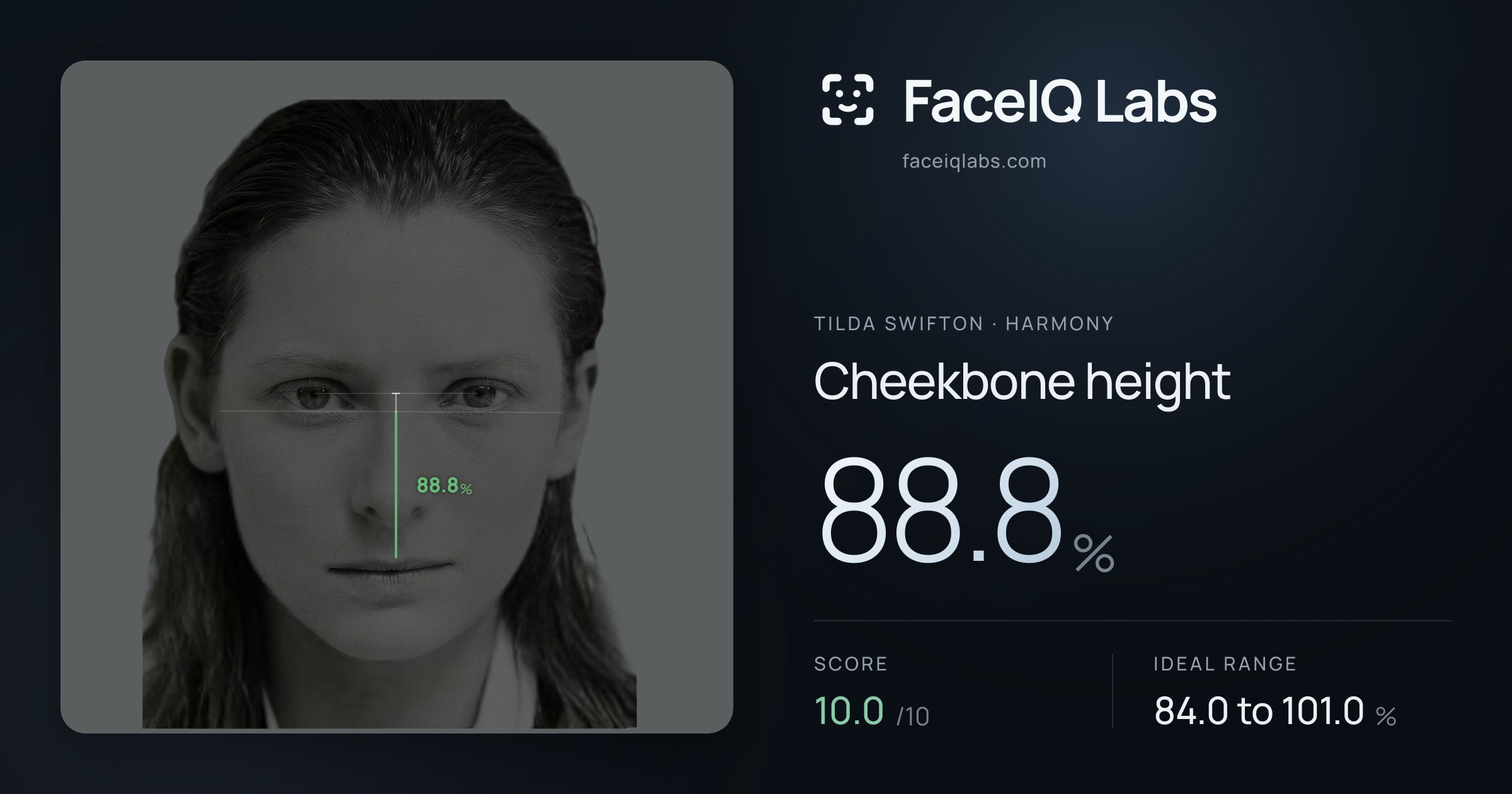 Tilda Swifton Cheekbone height: 88.8%, drawn on the photo