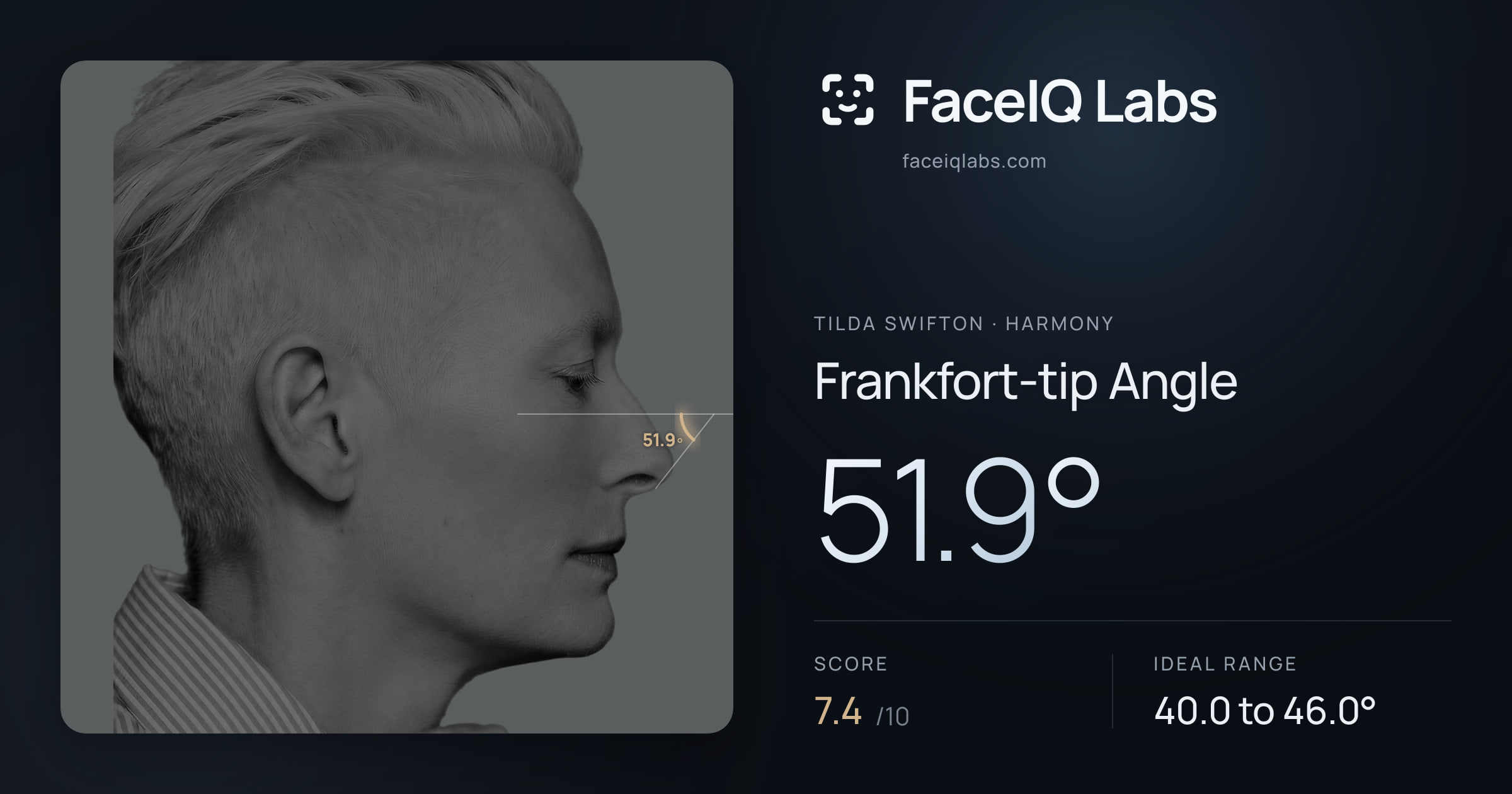 Tilda Swifton Frankfort-tip Angle: 51.9°, drawn on the photo