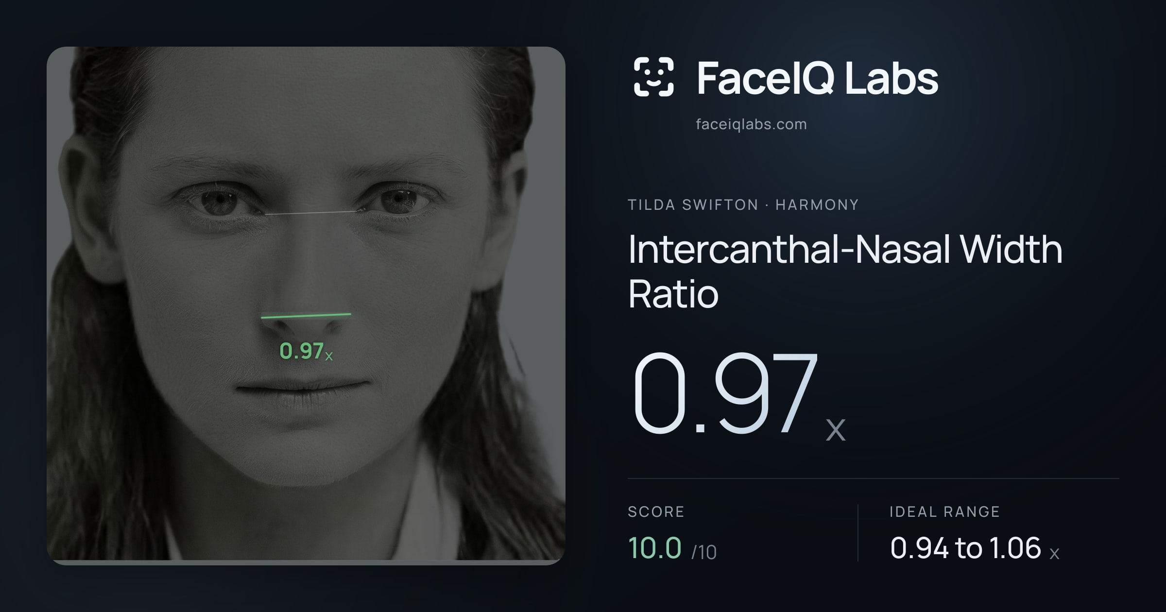 Tilda Swifton Intercanthal-Nasal Width Ratio: 0.97x, drawn on the photo