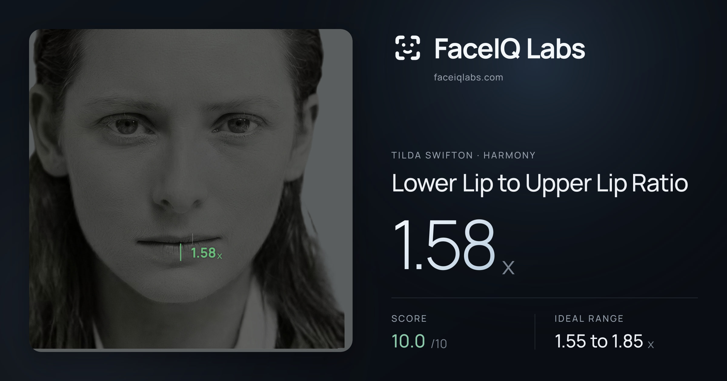 Tilda Swifton Lower Lip to Upper Lip Ratio: 1.58x, drawn on the photo