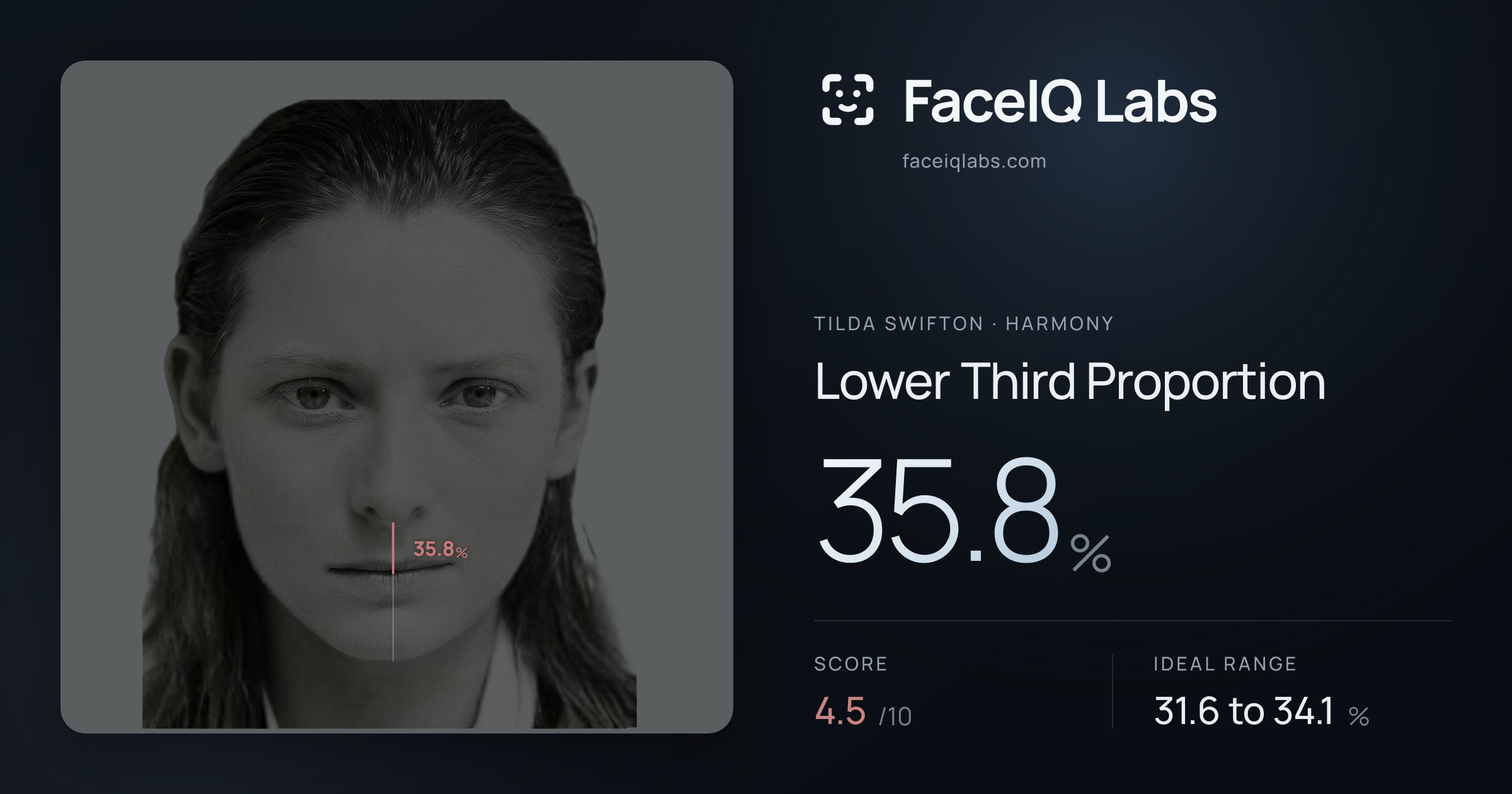 Tilda Swifton Lower Third Proportion: 35.8%, drawn on the photo