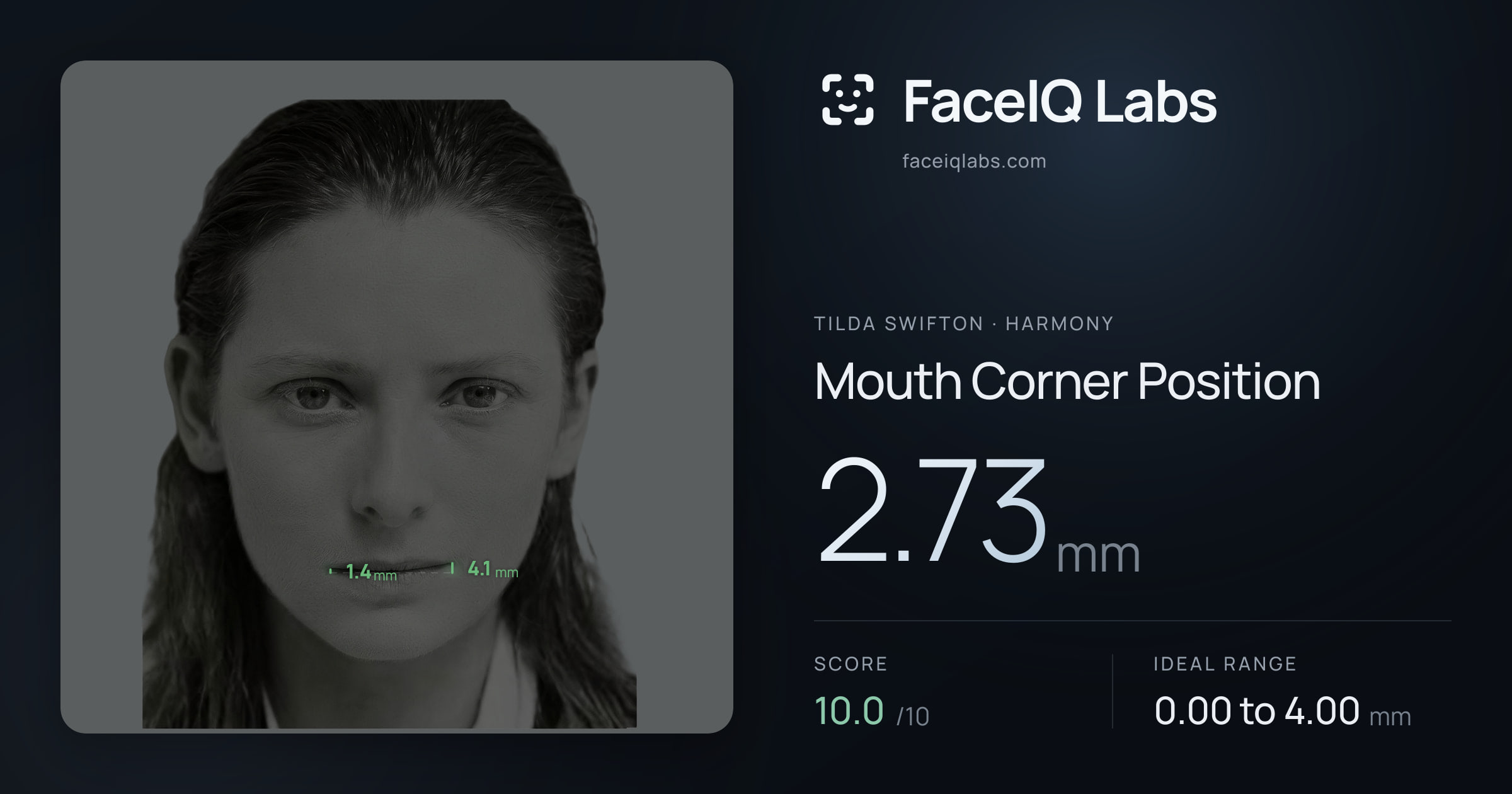 Tilda Swifton Mouth Corner Position: 2.73mm, drawn on the photo