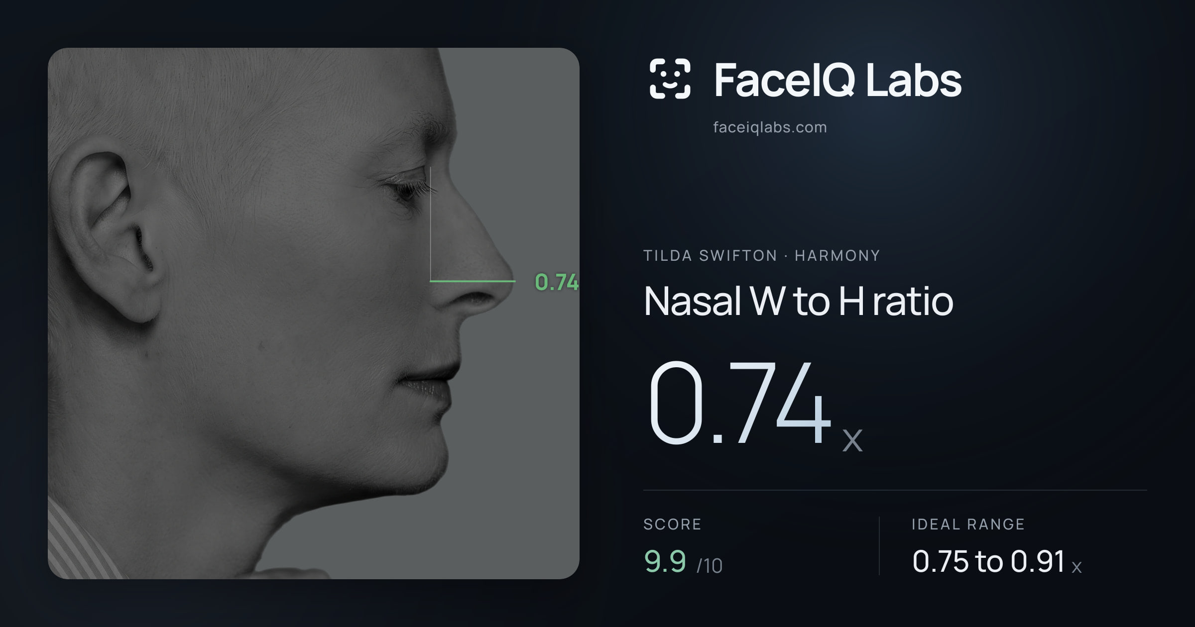 Tilda Swifton Nasal W to H ratio: 0.74x, drawn on the photo