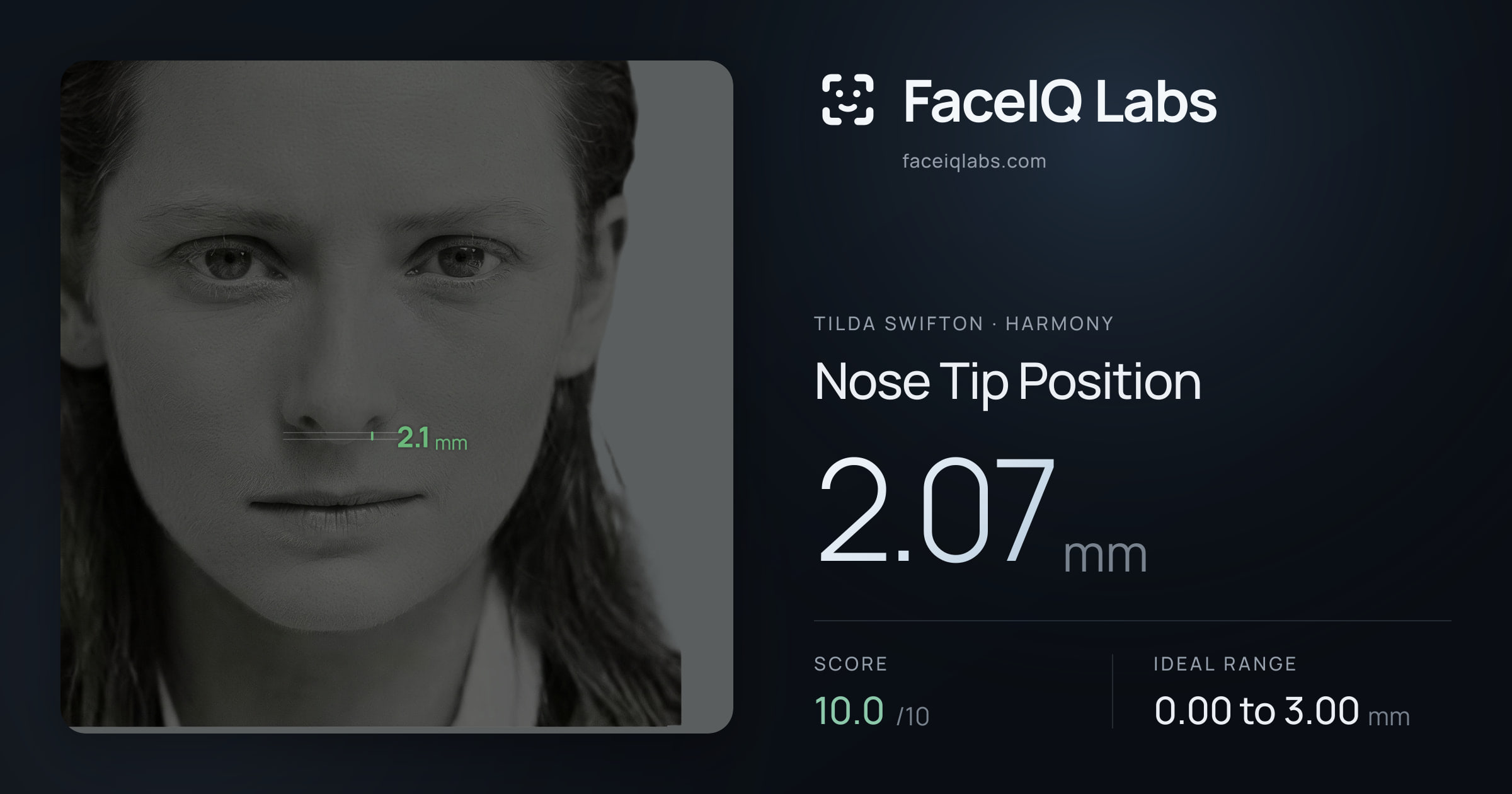 Tilda Swifton Nose Tip Position: 2.07mm, drawn on the photo