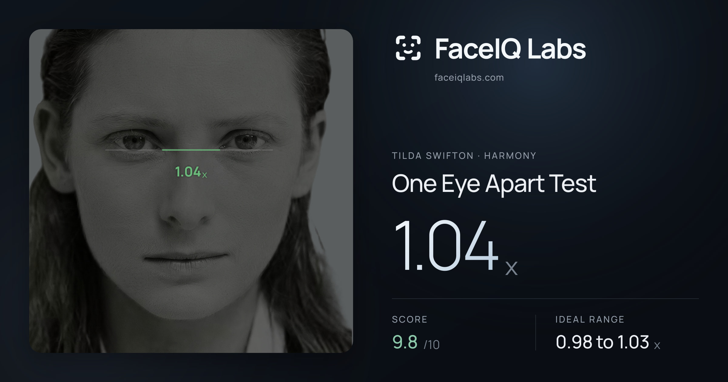 Tilda Swifton One Eye Apart Test: 1.04x, drawn on the photo