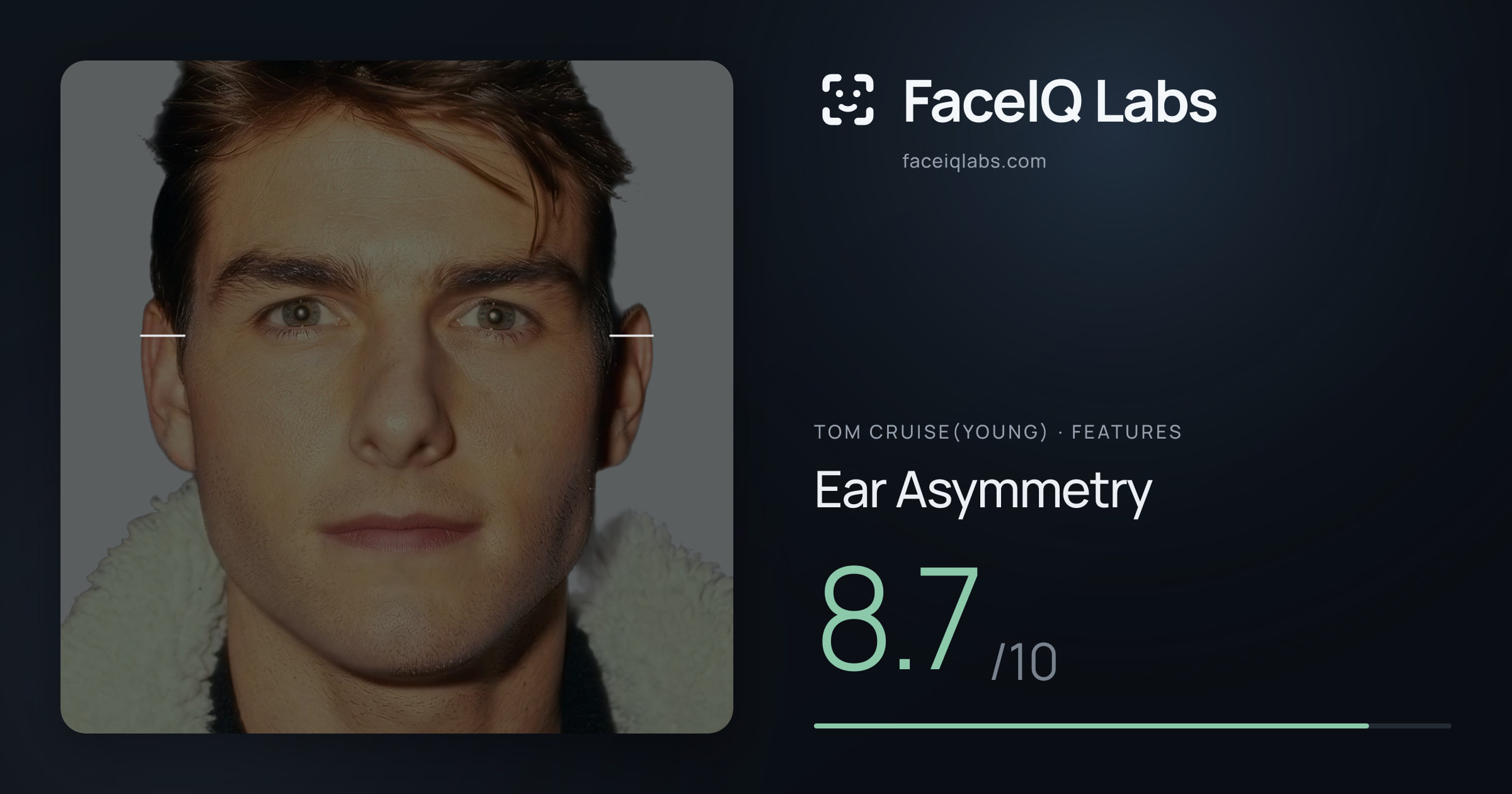 Tom Cruise(Young) Ear Asymmetry: 8.7/10, drawn on the photo
