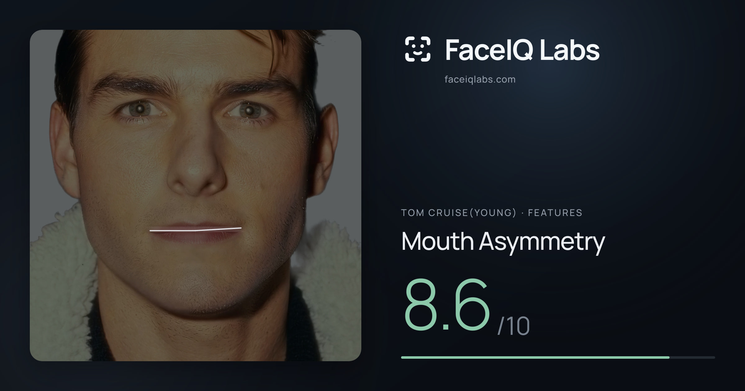 Tom Cruise(Young) Mouth Asymmetry: 8.6/10, drawn on the photo