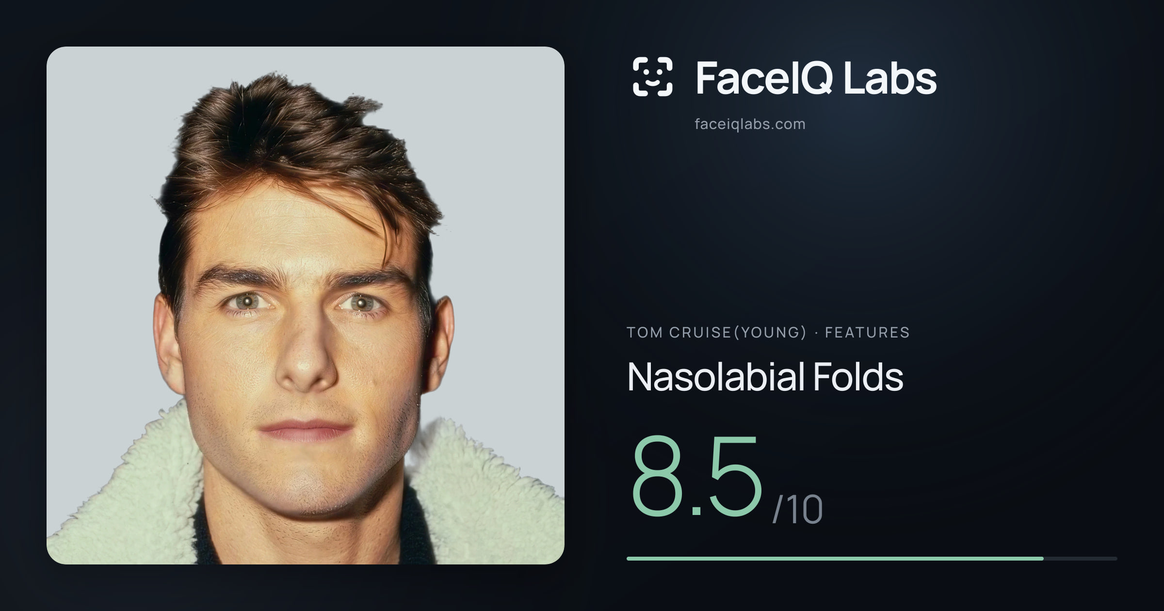 Tom Cruise(Young) Nasolabial Folds: 8.5/10, drawn on the photo