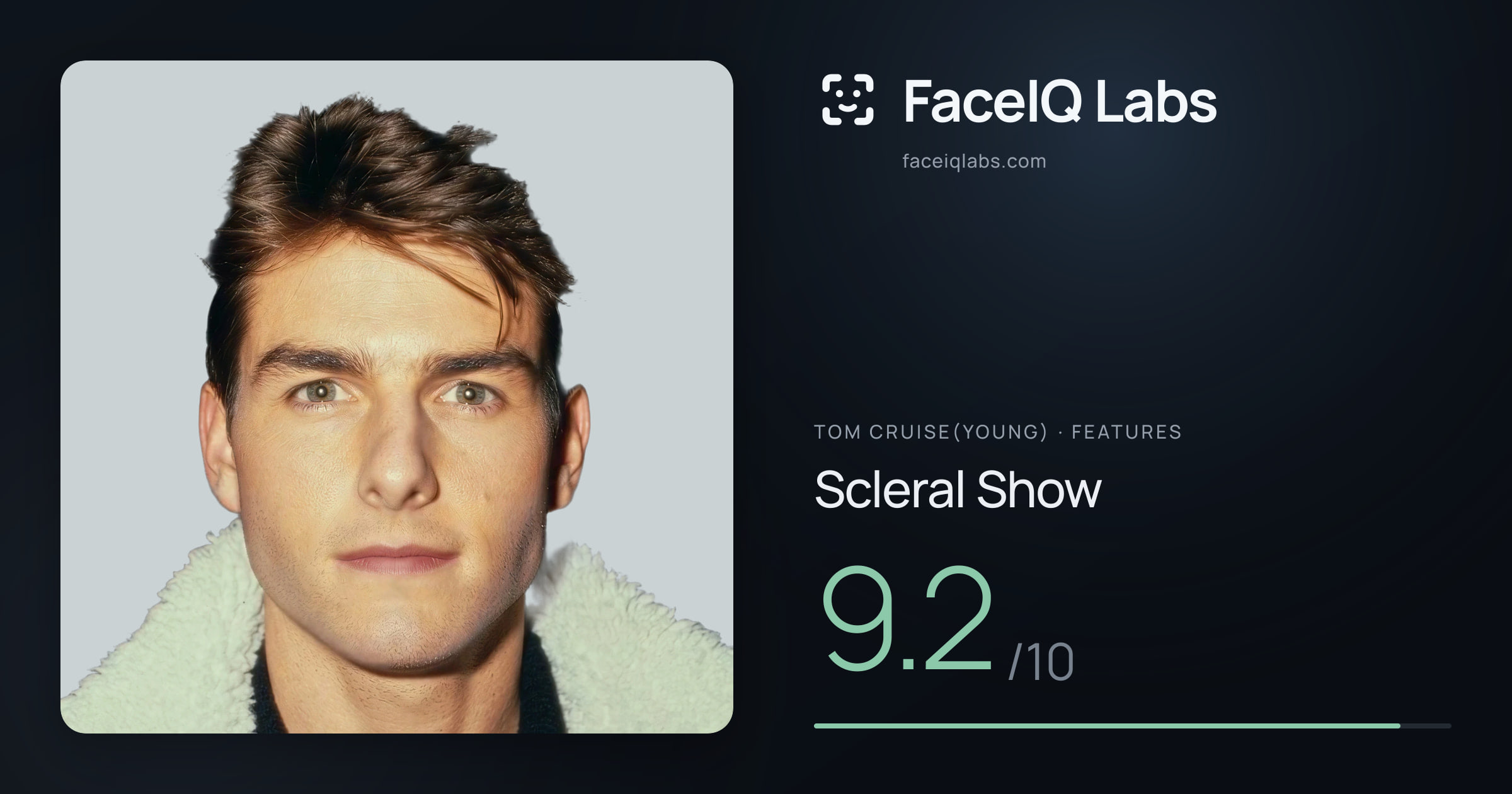 Tom Cruise(Young) Scleral Show: 9.2/10, drawn on the photo