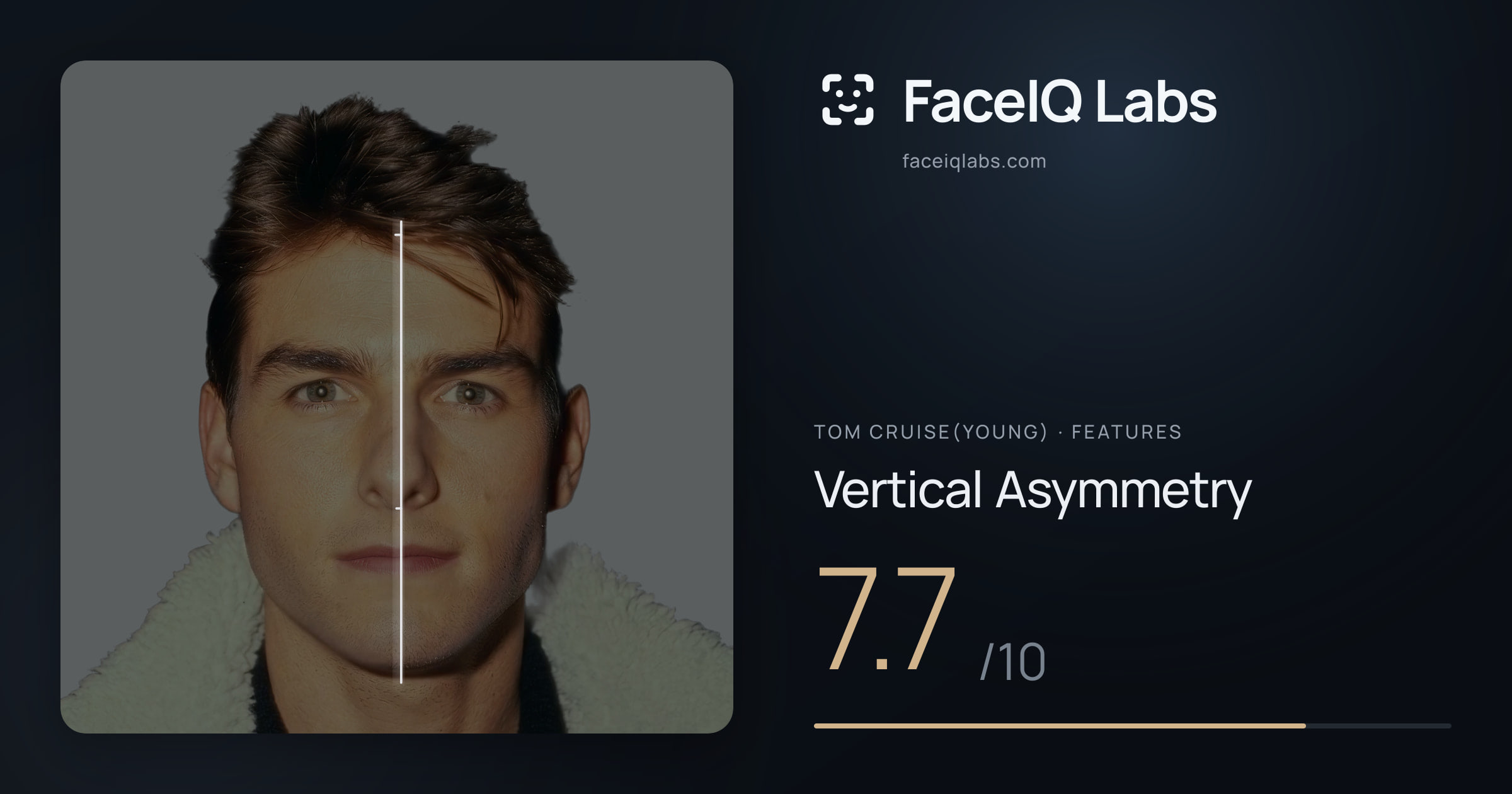 Tom Cruise(Young) Vertical Asymmetry: 7.7/10, drawn on the photo