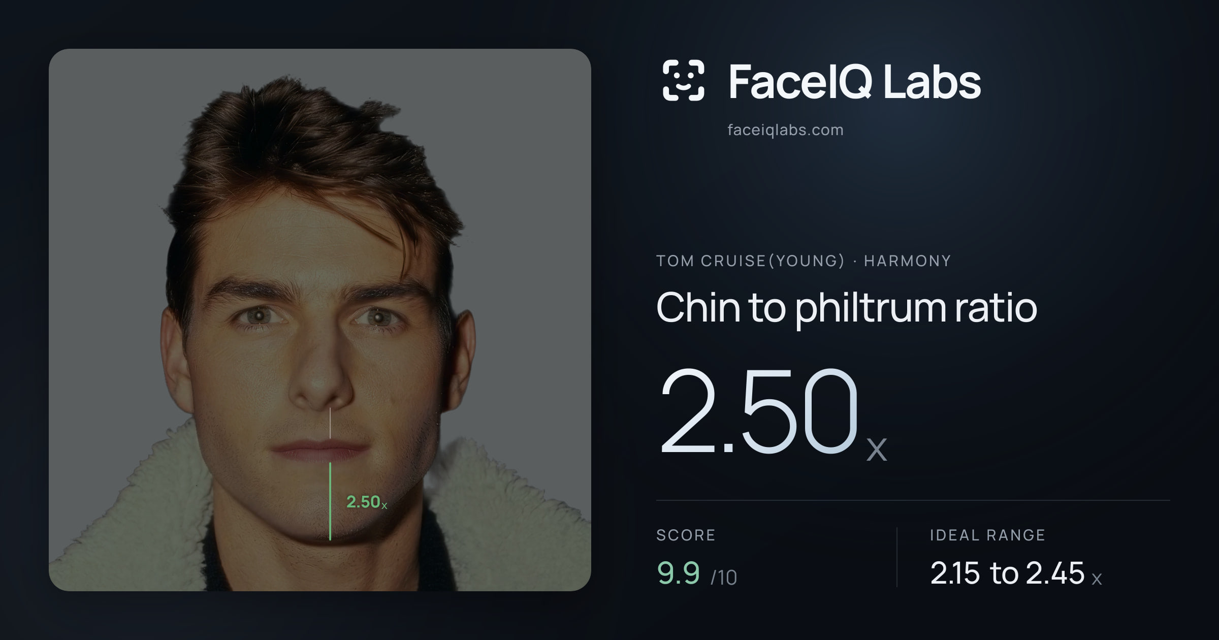 Tom Cruise(Young) Chin to philtrum ratio: 2.50x, drawn on the photo