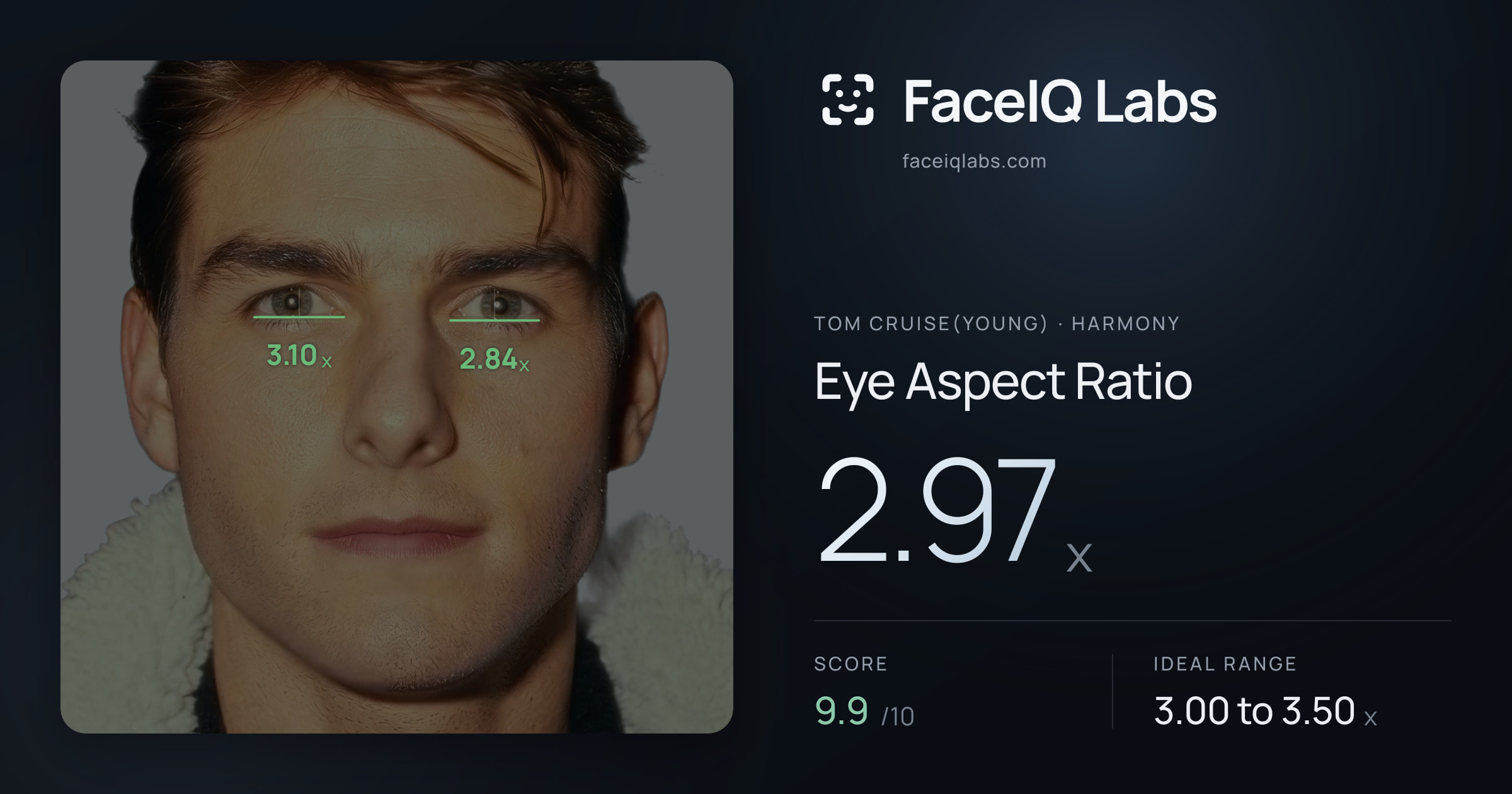 Tom Cruise(Young) Eye Aspect Ratio: 2.97x, drawn on the photo