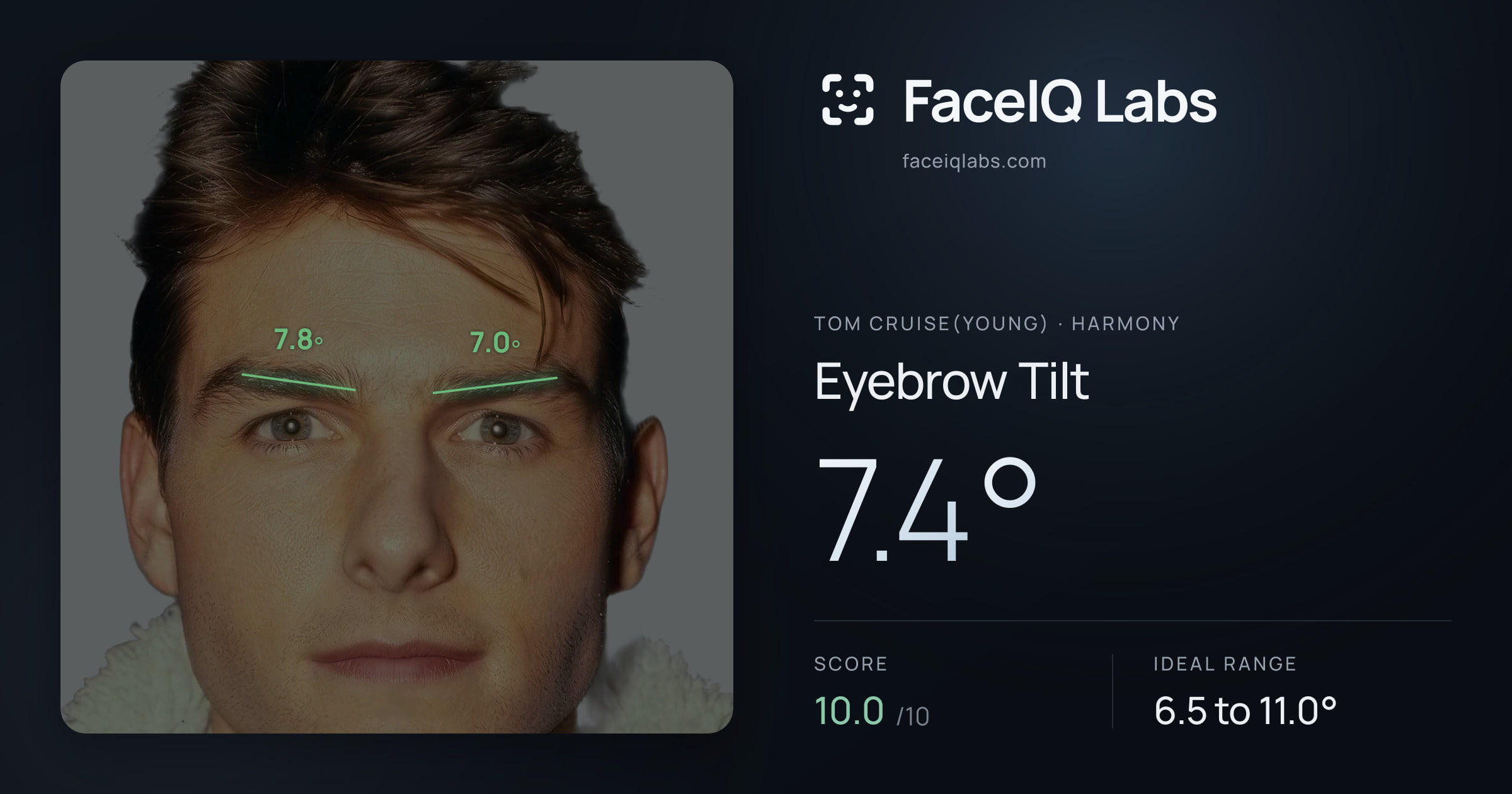 Tom Cruise(Young) Eyebrow Tilt: 7.4°, drawn on the photo